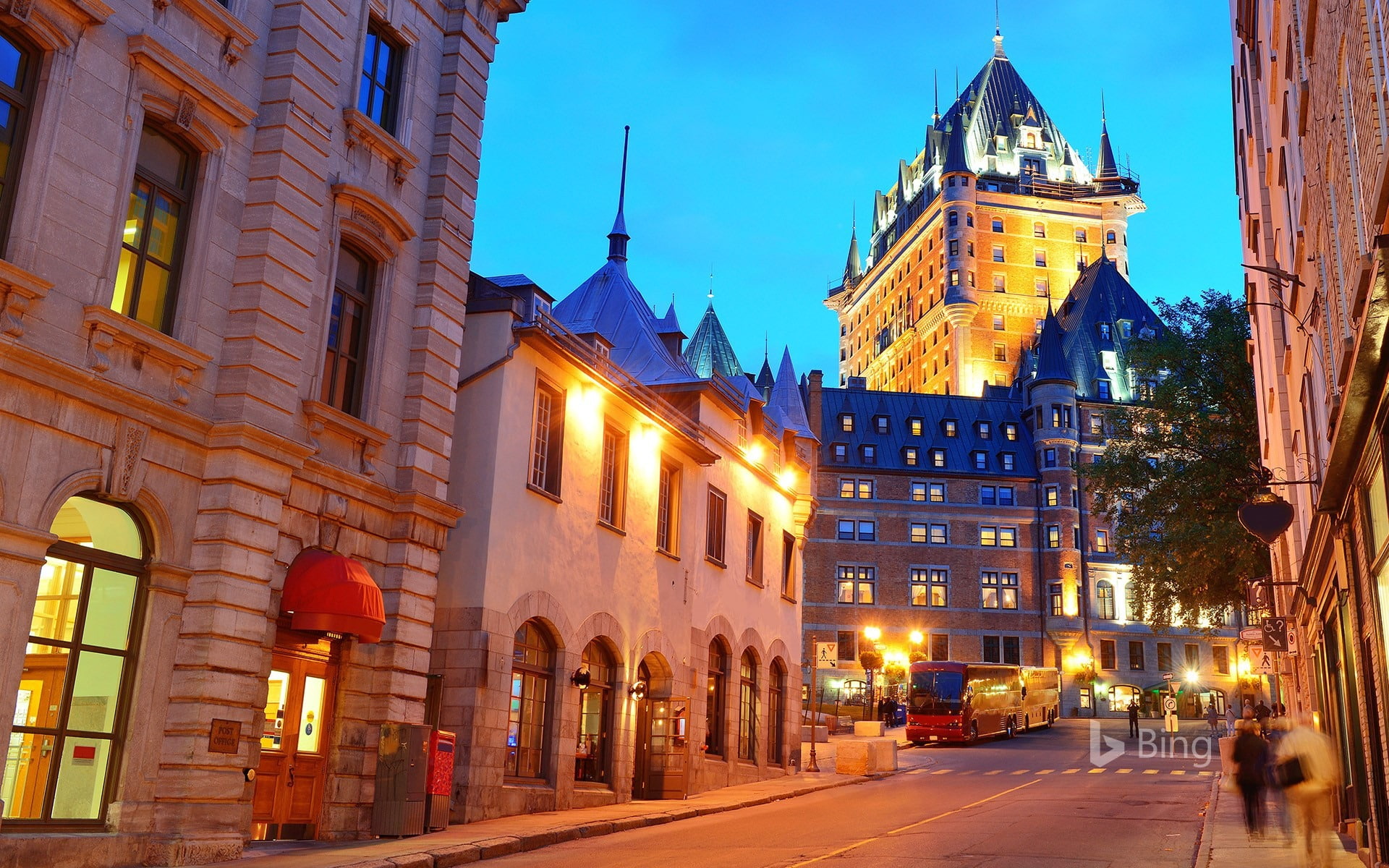 tower, 1080P, city, bing, chateau, transportation, sky, road, built structure, building, street light, canada, residential district, clock, history, street, HD Wallpaper