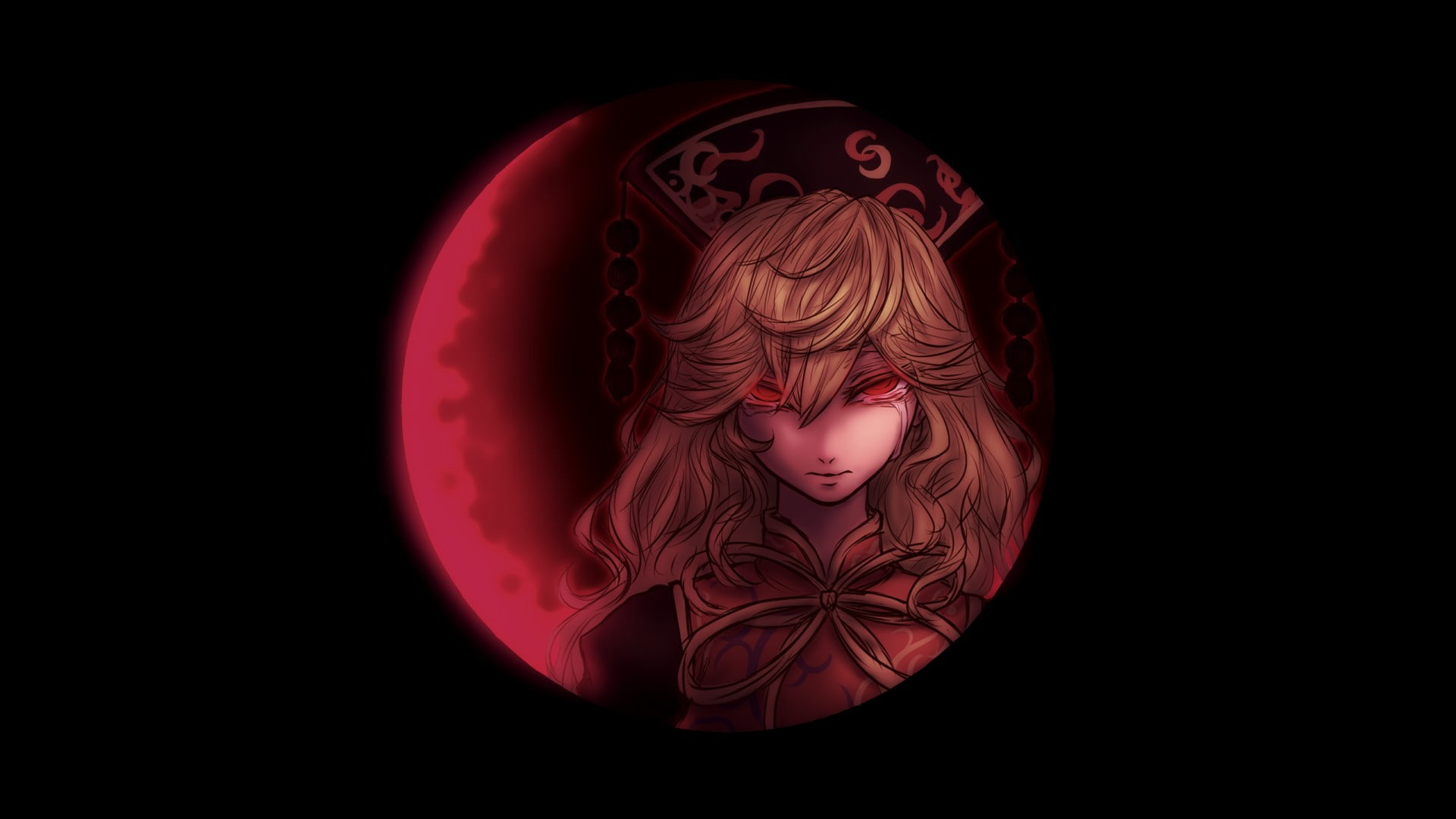 Red moon, tears, Touhou, crying, Moon, 1080P, red eyes, Junko, HD Wallpaper