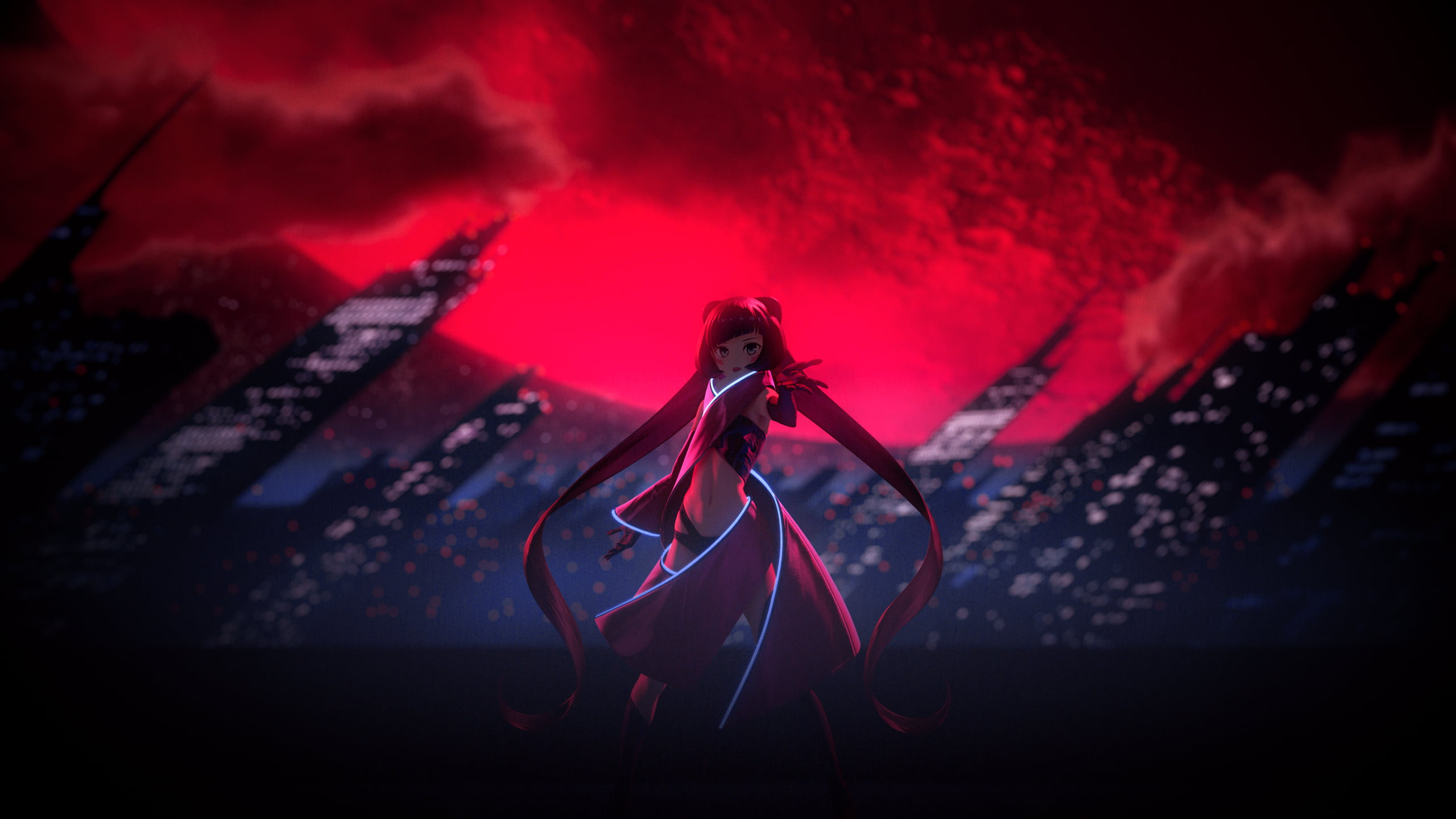 anime, dark hair, anime girls, city lights, clouds, Hololive, Moon, black gloves, 2K, long hair, red dress, HD Wallpaper