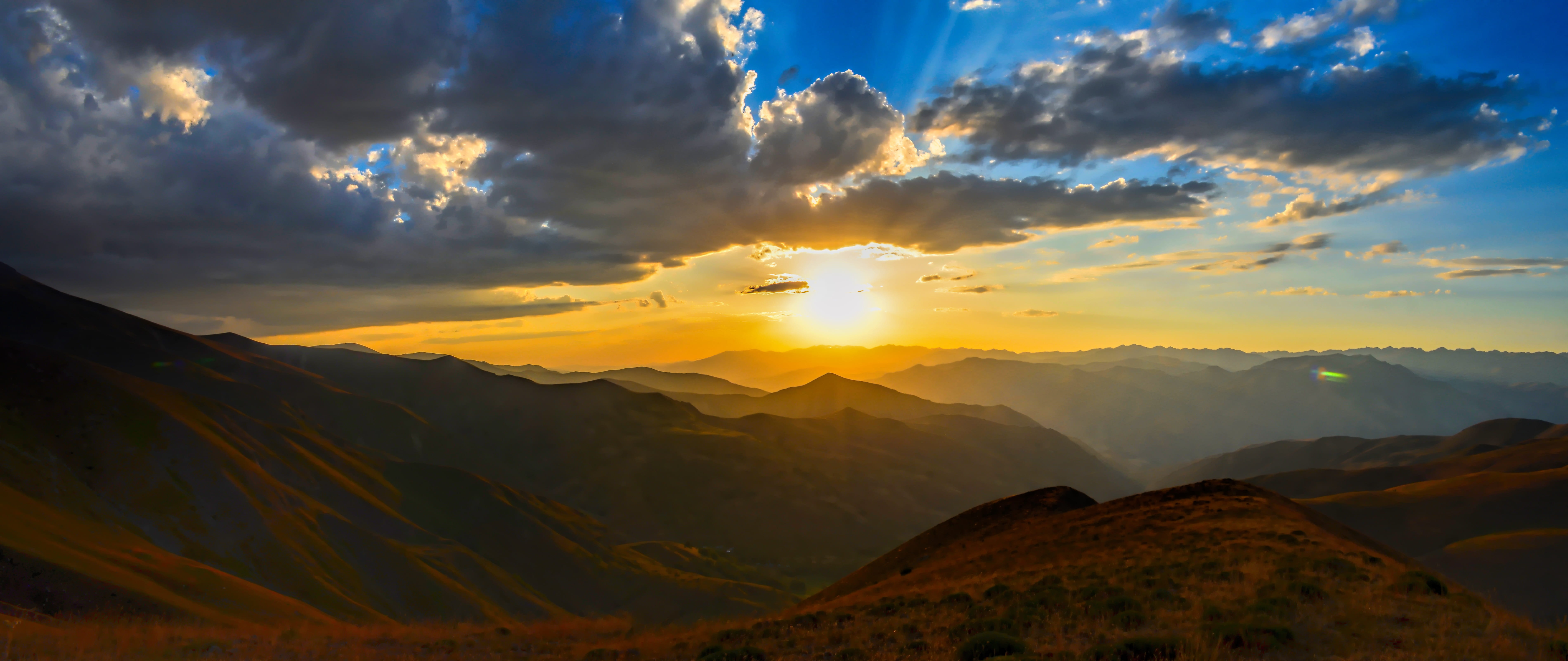 dawn, land, sun, summer, sparkle, majestic, environmental, mountain, tranquility, lens flare, horizon line, blue, natural turkey, non-urban scene, peace, HD Wallpaper