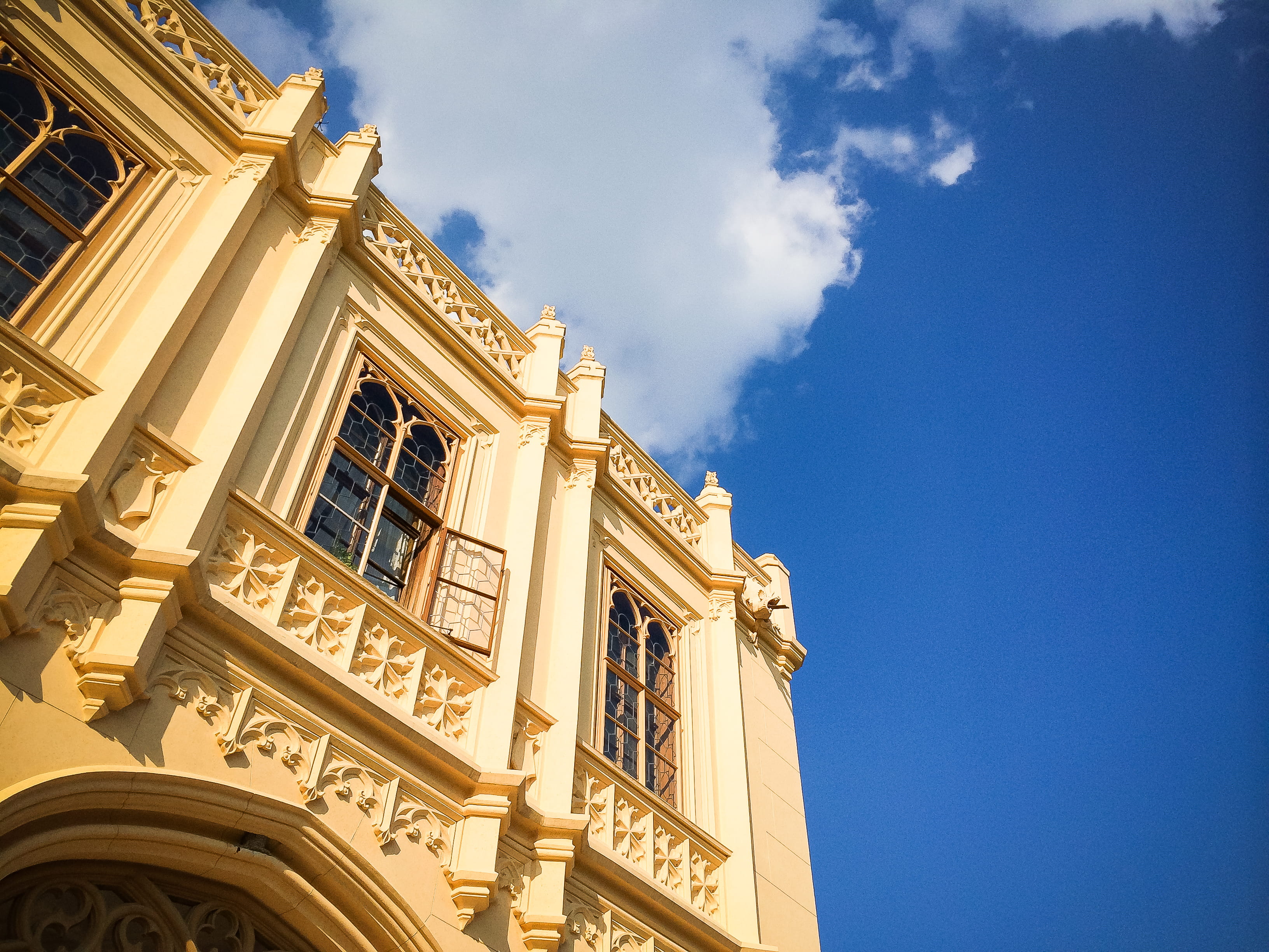 window, no People, sunlight, moravia, blue, clouds, gold, old, the past, built Structure, czech republic, day, facade, gold colored, outdoors, ornate, lednice, HD Wallpaper