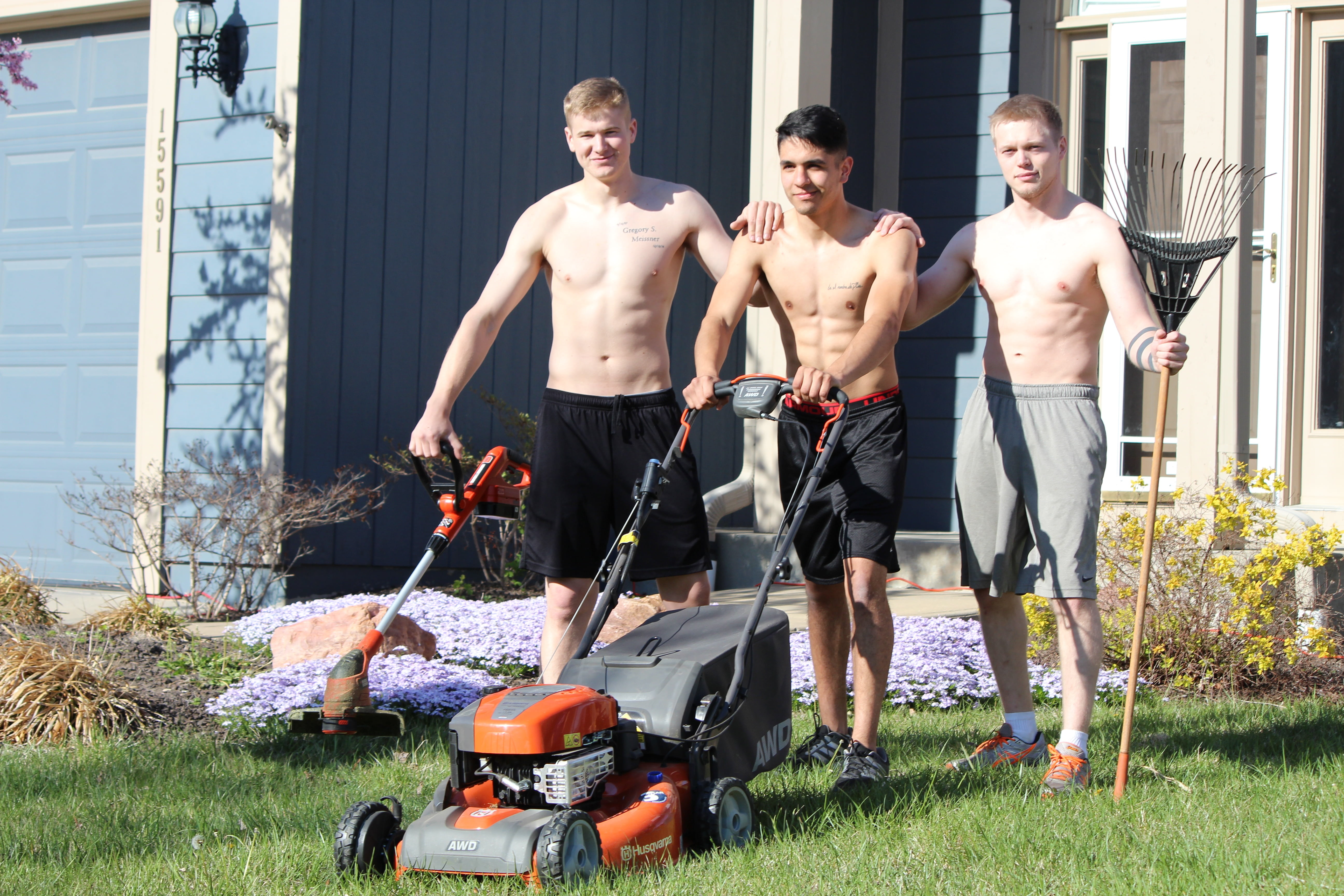 full length, mid adult, shirtless, lads, young adult, day, blond, smiling, front or Back Yard, grass, handsome, outdoors, people, looking at camera, men, HD Wallpaper