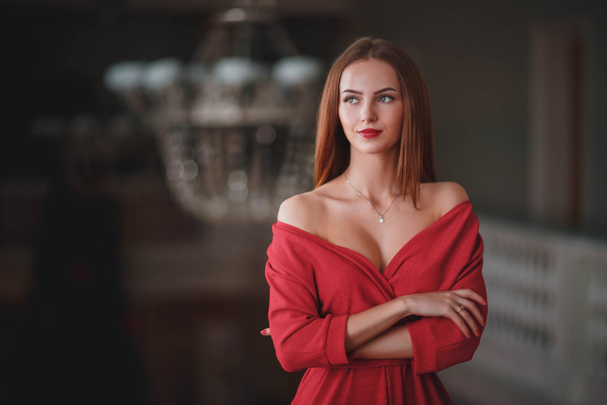 looking away, redhead, makeup, straight hair, 1080P, red lipstick, Aleksei Gilev, cleavage, long hair, indoors, make up, necklace, red nails, women, bare shoulders, HD Wallpaper