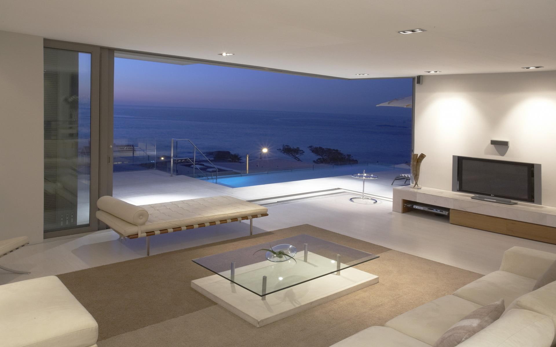 modern, exceptional, living room, couch, doore, living, nature and landscapes, pool, view, 1080P, room, HD Wallpaper