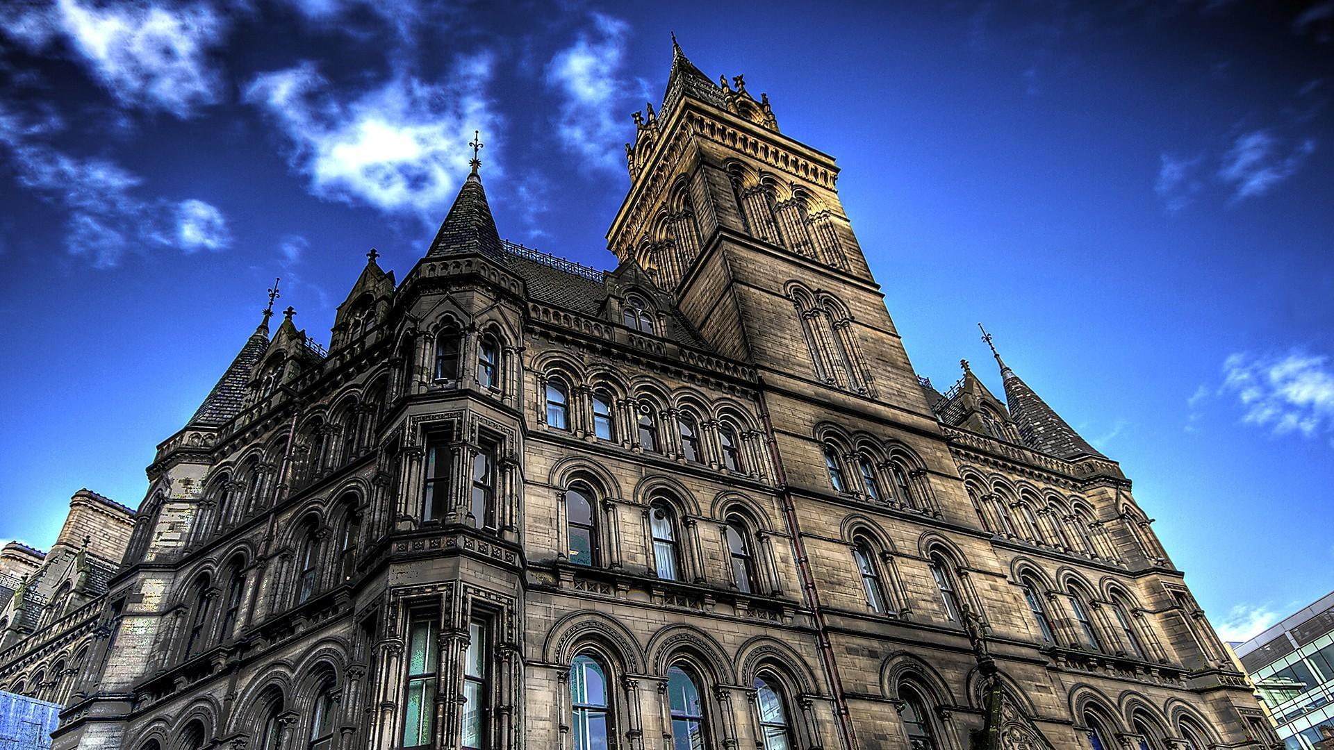 city, 1080P, manchester, clouds, building city, hall, hdr, nature and landscapes, HD Wallpaper
