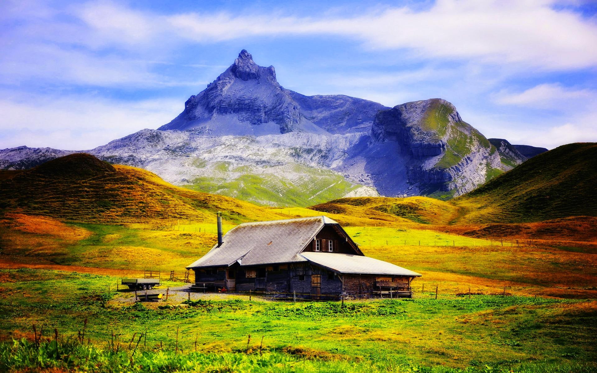 place, 1080P, slope, house, meadow, field, live, mountain, nature and landscapes, HD Wallpaper