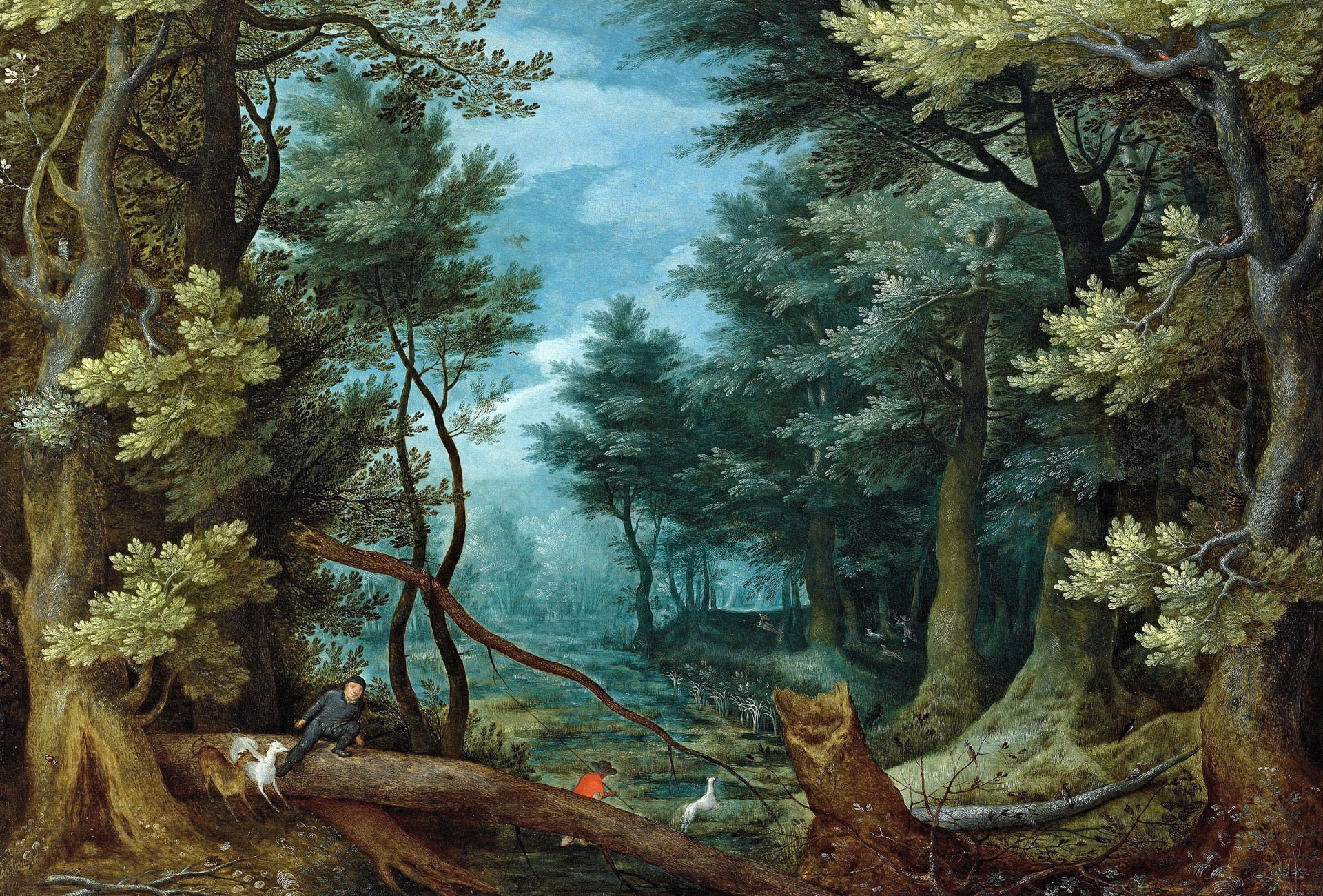 Forest Landscape with Deer Hunting, Jan Brueghel the elder, 1080P, picture, HD Wallpaper