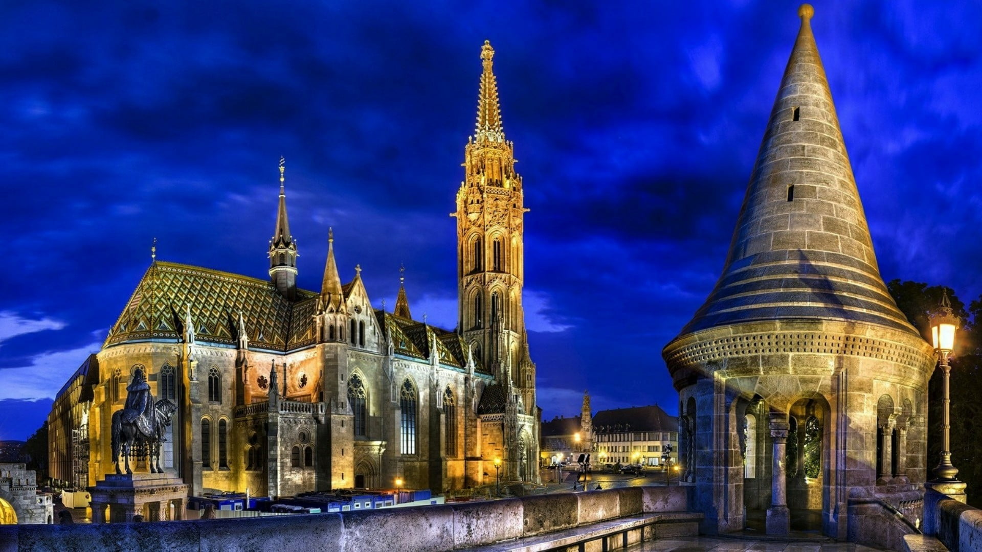 nature, building, evening, medieval architecture, tower, castle district, building exterior, steeple, matthias church, history, city, night, historic site, HD Wallpaper