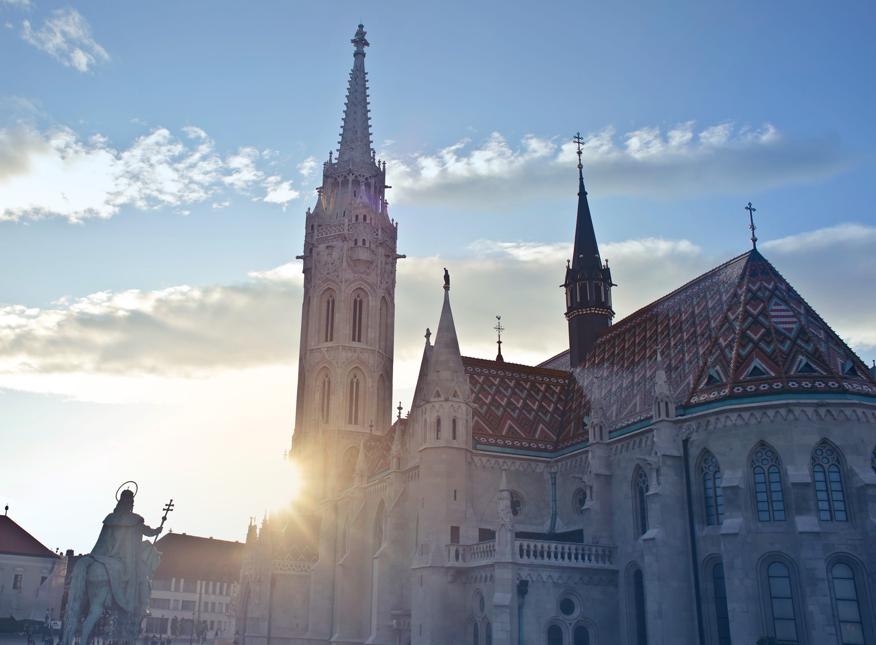 gothic style, budapest skyline, europe, horizontal, monuments, matthias, belief, spire, statue, travel destinations, old, background, landmark, churches, HD Wallpaper