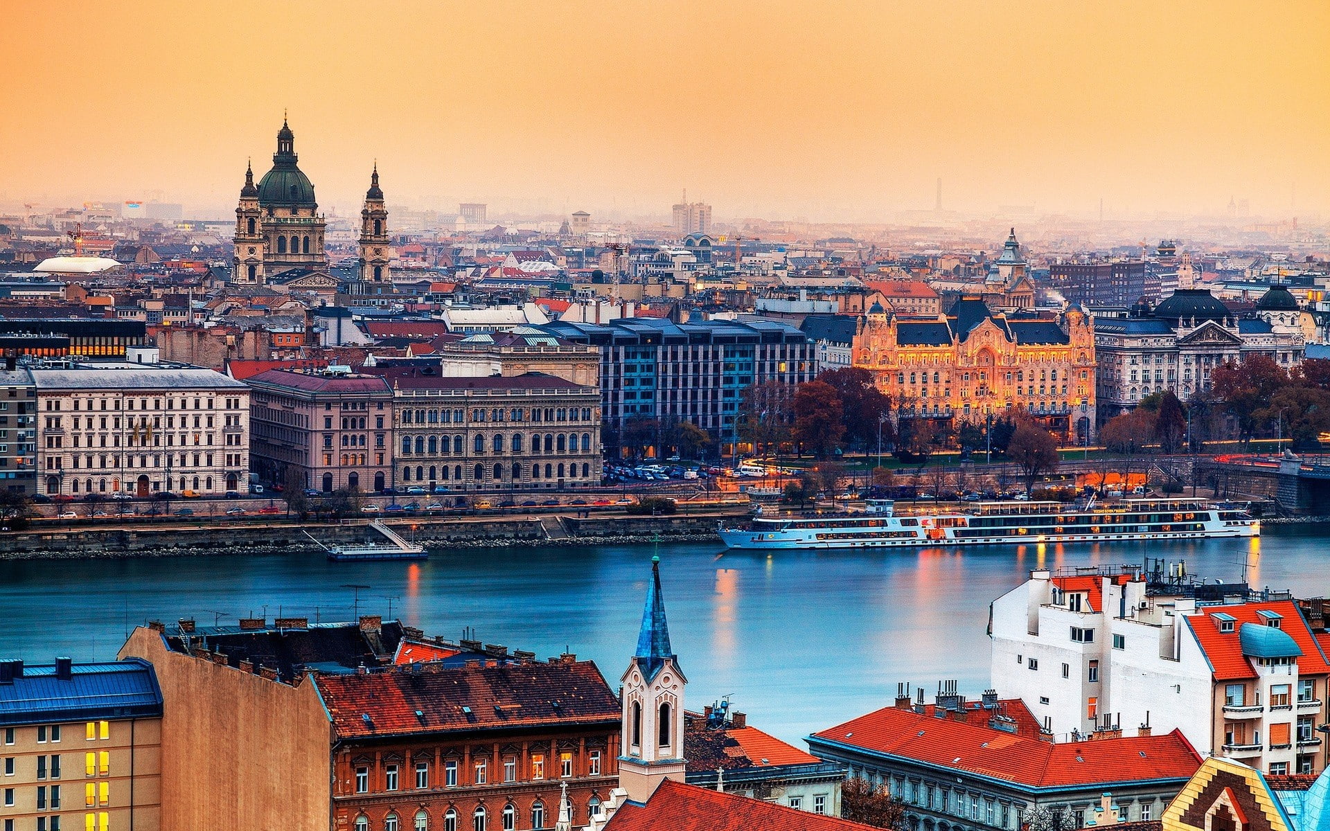 Sky, travel destinations, city, Hungary, bridge - man made structure, Budapest, cityscape, outdoors, nautical vessel, river, nature, built structure, Buildings, HD Wallpaper