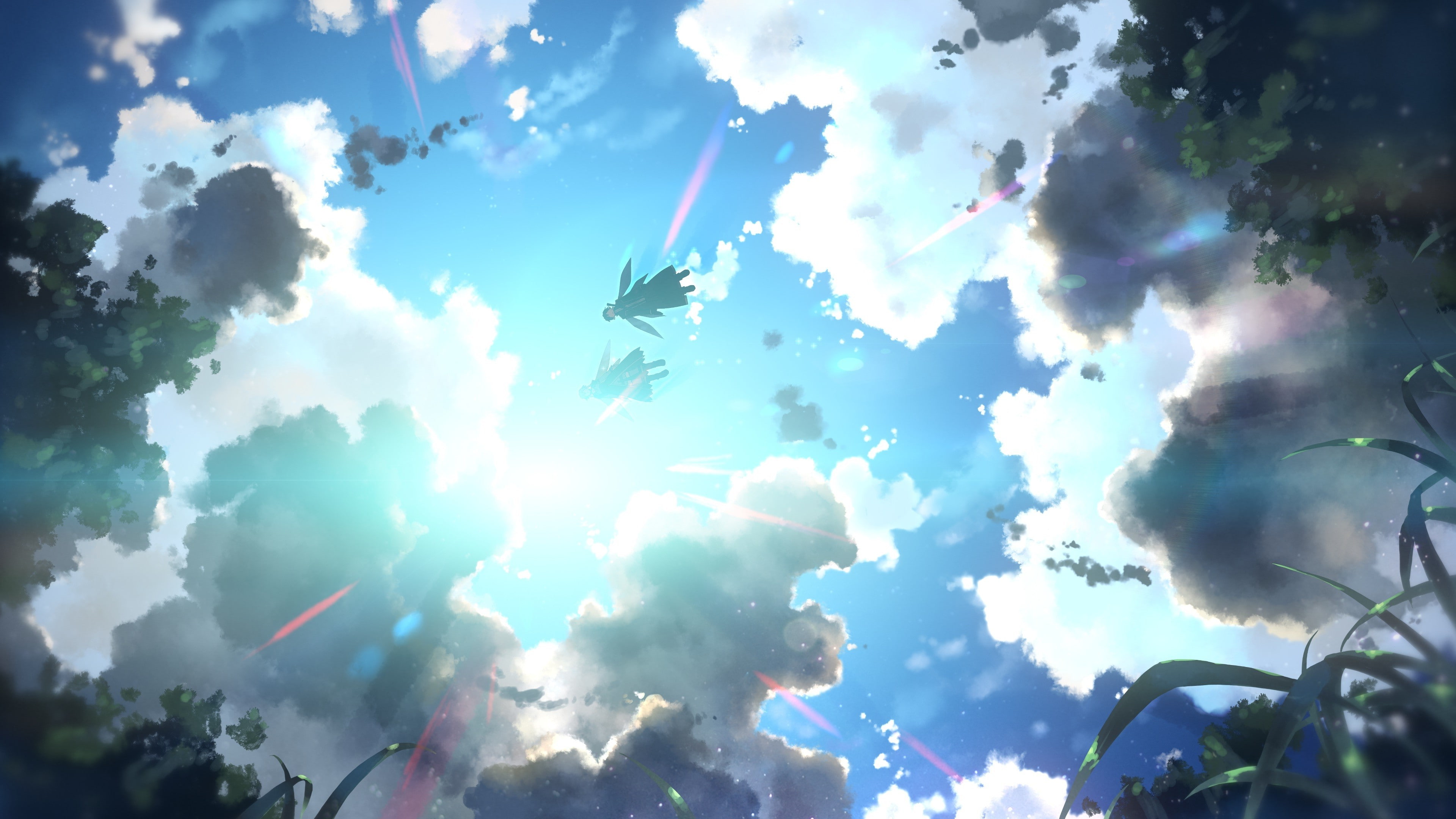 4K, sunlight yuuki tatsuya sword art online kirigaya kazuto yuuki asuna clouds sky wings flying anime worms eye view, HD Wallpaper