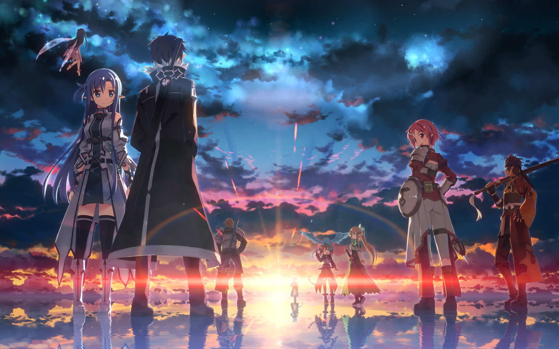 yuuki tatsuya, weapons, sword art online, 1080P, girls, water, guys, art, dragon, armor, smile, sunset, look, HD Wallpaper