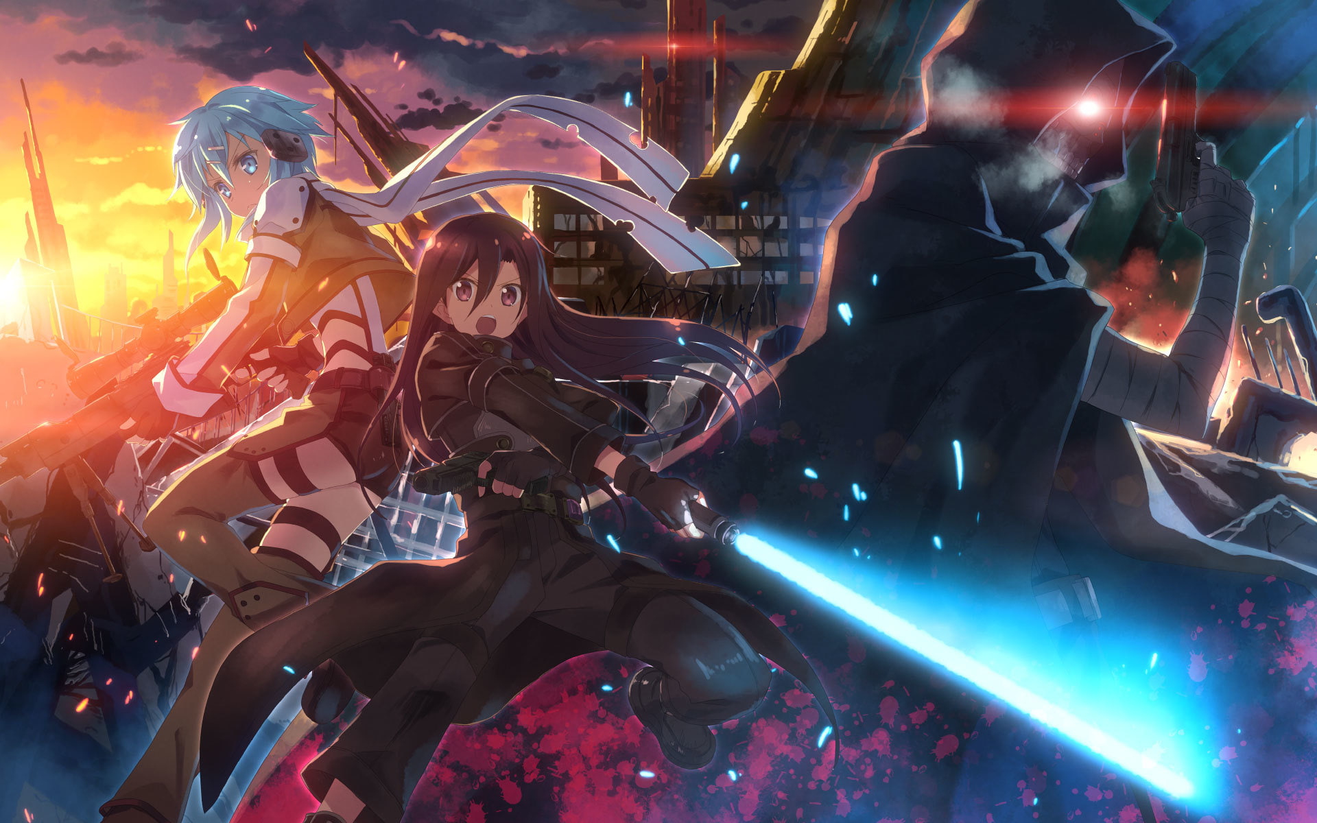 gesture, sword art online, 1080P, art, guy, yuuki tatsuya, weapons, destruction, death gun, girls, kirigaya kazuto, mask, look, shino wand, HD Wallpaper
