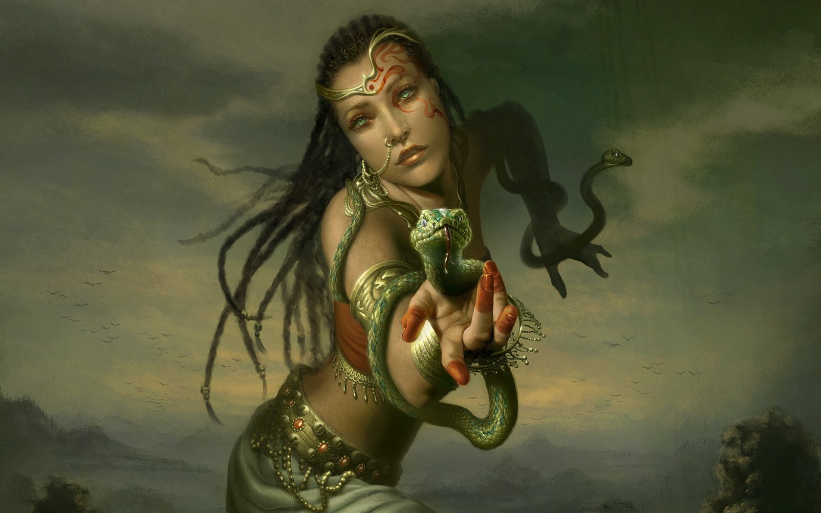 720P, fantasy, Gypsy, snakes, Green, art, HD Wallpaper