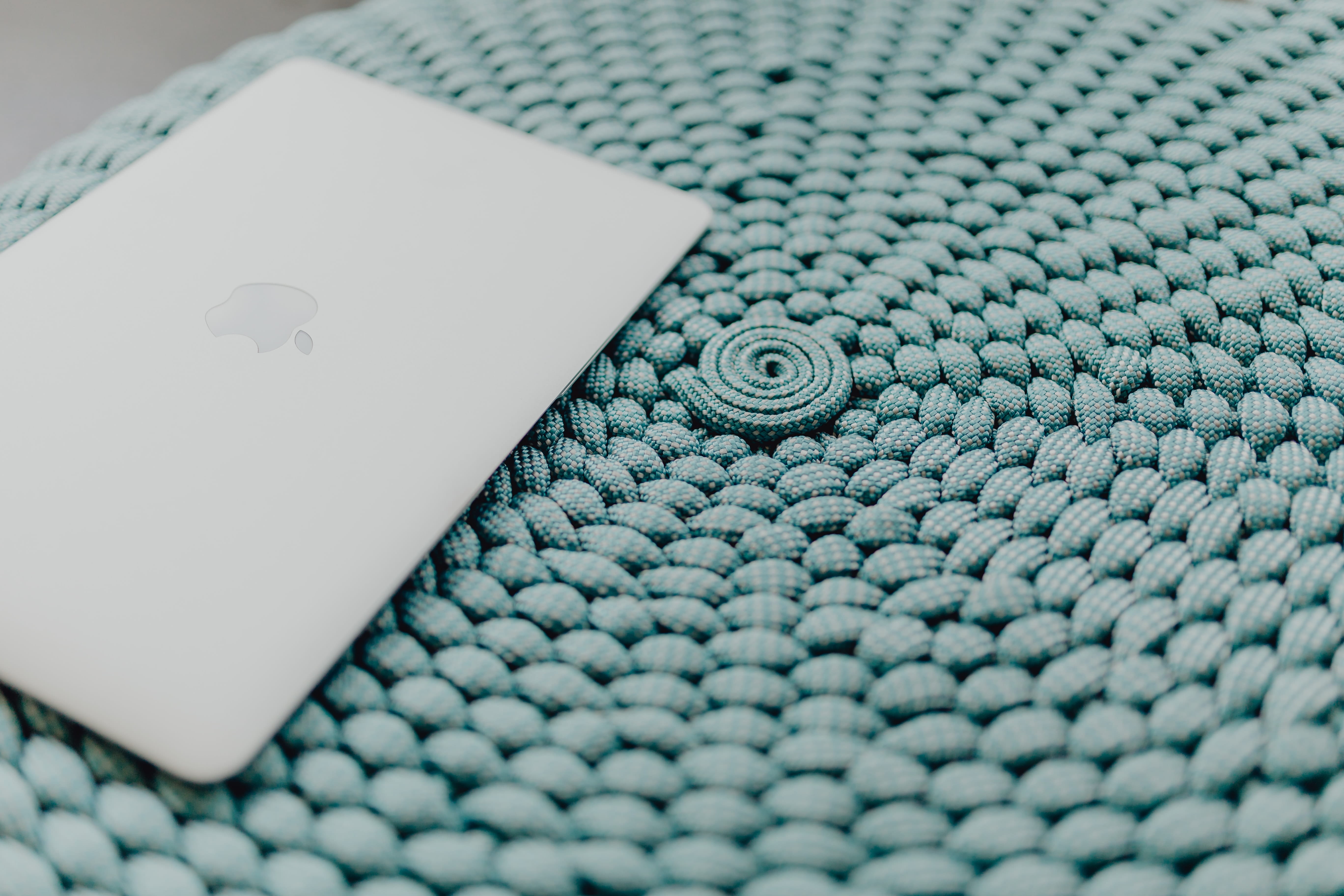 laptop, textile, selective focus, medicine, ottoman, pattern, pouf, water, macbook, day, tech, art and craft, textured, blue, no people, indoors, extreme close-up, HD Wallpaper
