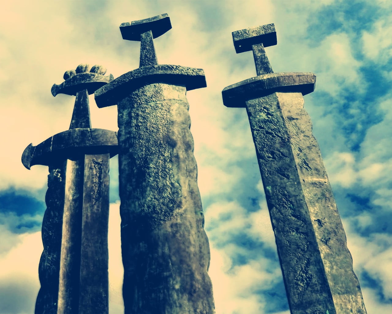 sky, artwork, outdoors, metal, several, focus on foreground, no people, day, built structure, old, 720P, Fritz Røed, weathered, rusty, low angle view, HD Wallpaper