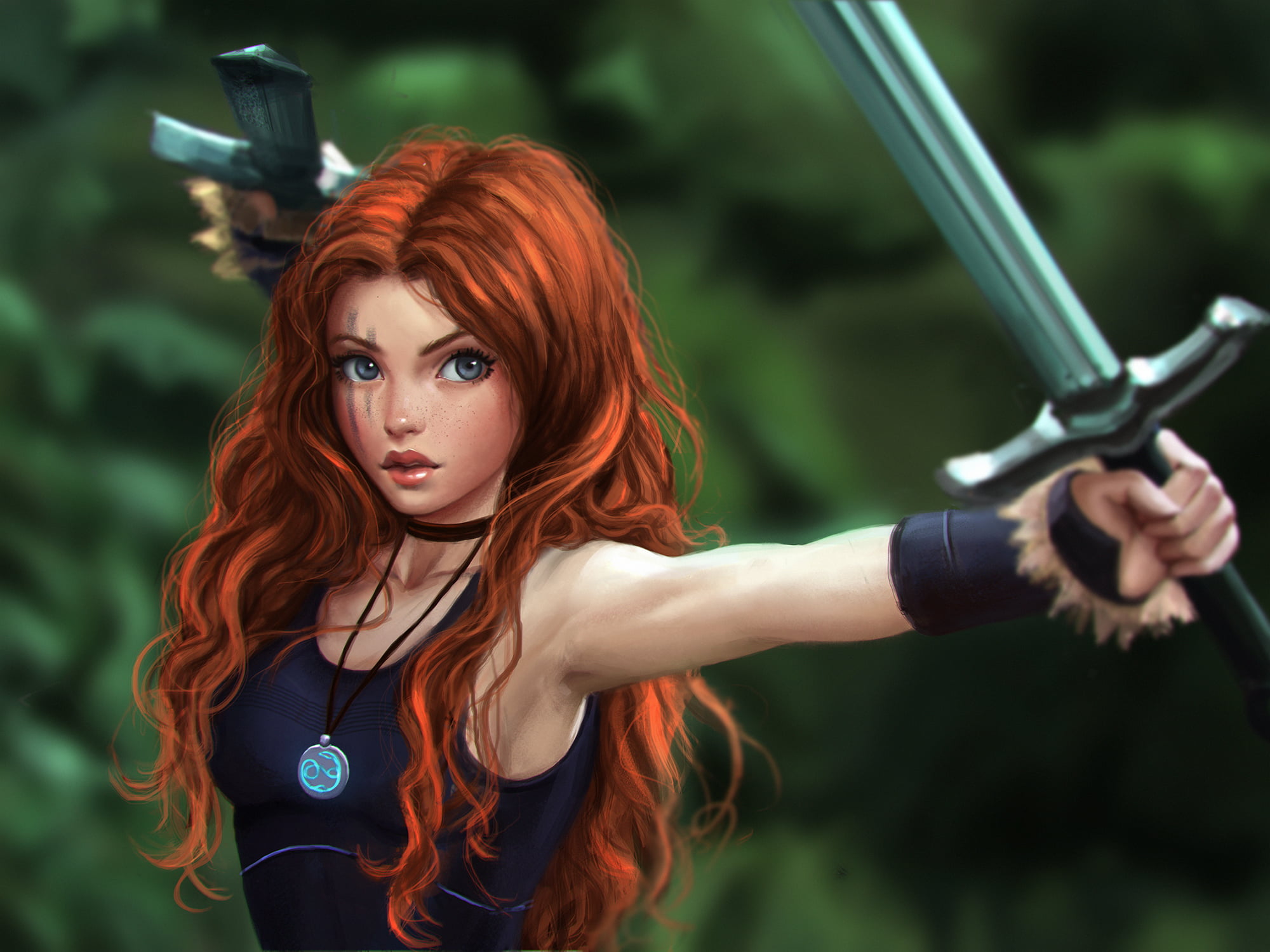 sword, people, human Face, fantasy art, warrior, 1080P, sensuality, fashion, girl, katana, danger, toy Soldier, haired, dyed red hair, fantasy, females, HD Wallpaper