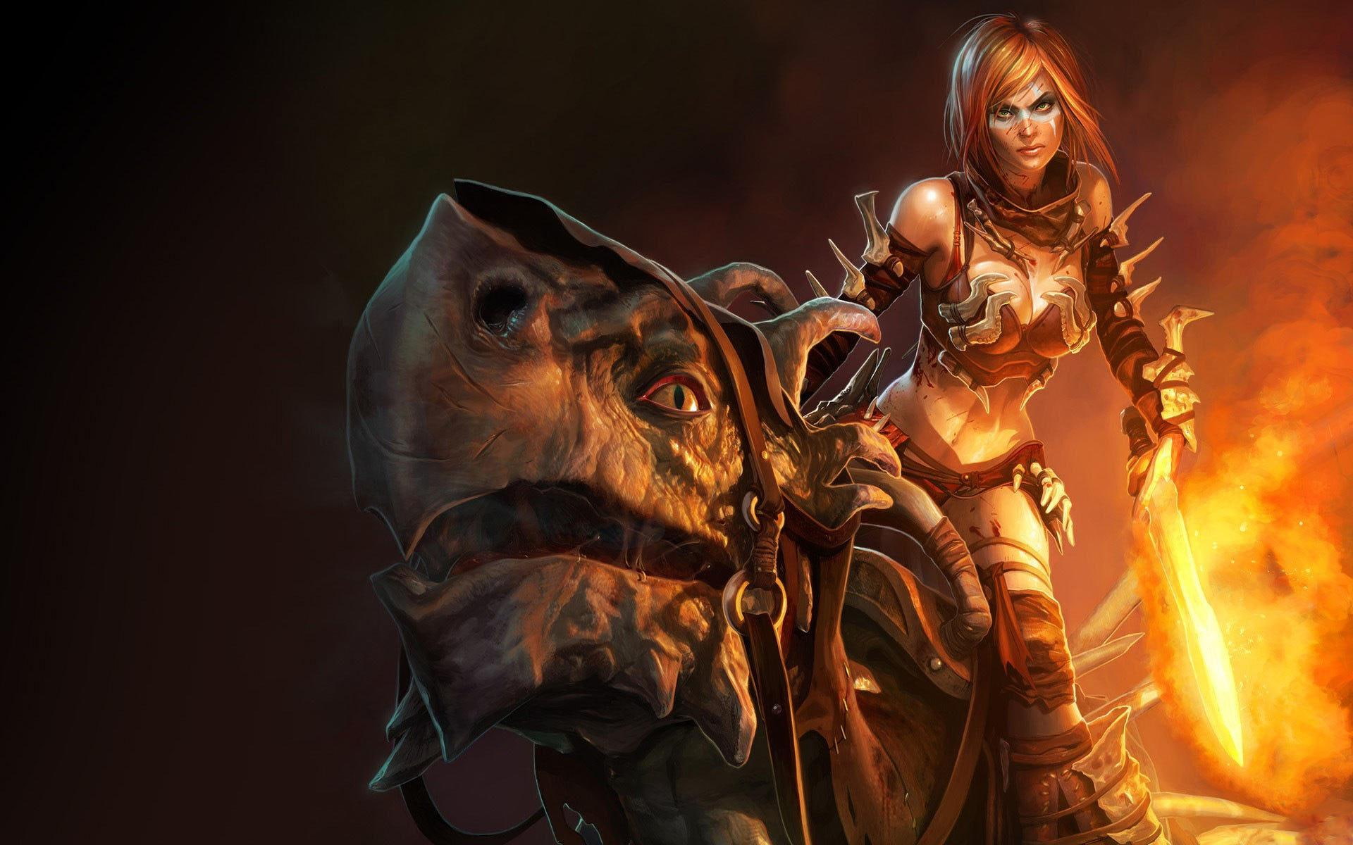 anime, 1080P, fire, warrior, girl nice, 3d and abstract, digital, abstract, swords, fantasy, dragon, HD Wallpaper