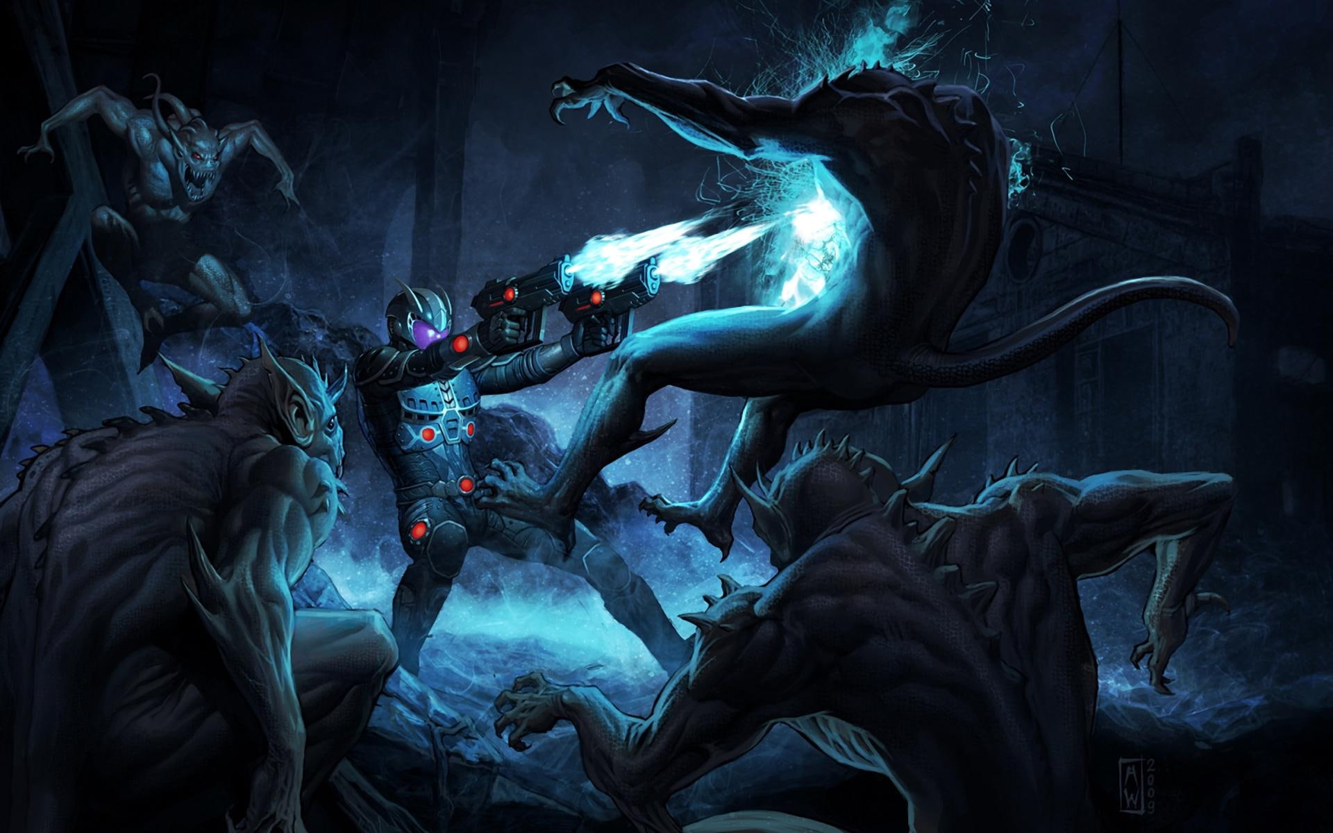 1080P, firing, person, guns, 3d and abstract, fantasy, beasts, battle, HD Wallpaper