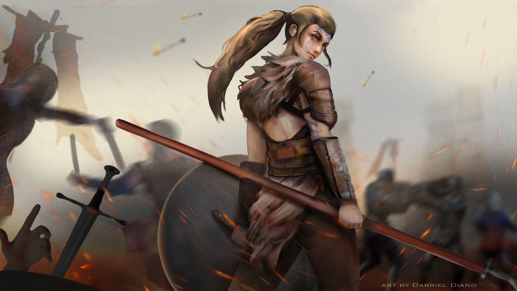 sparks, battle, artwork, fan art, brunette, women, digital painting, looking back, digital art, warrior, 1080P, HD Wallpaper