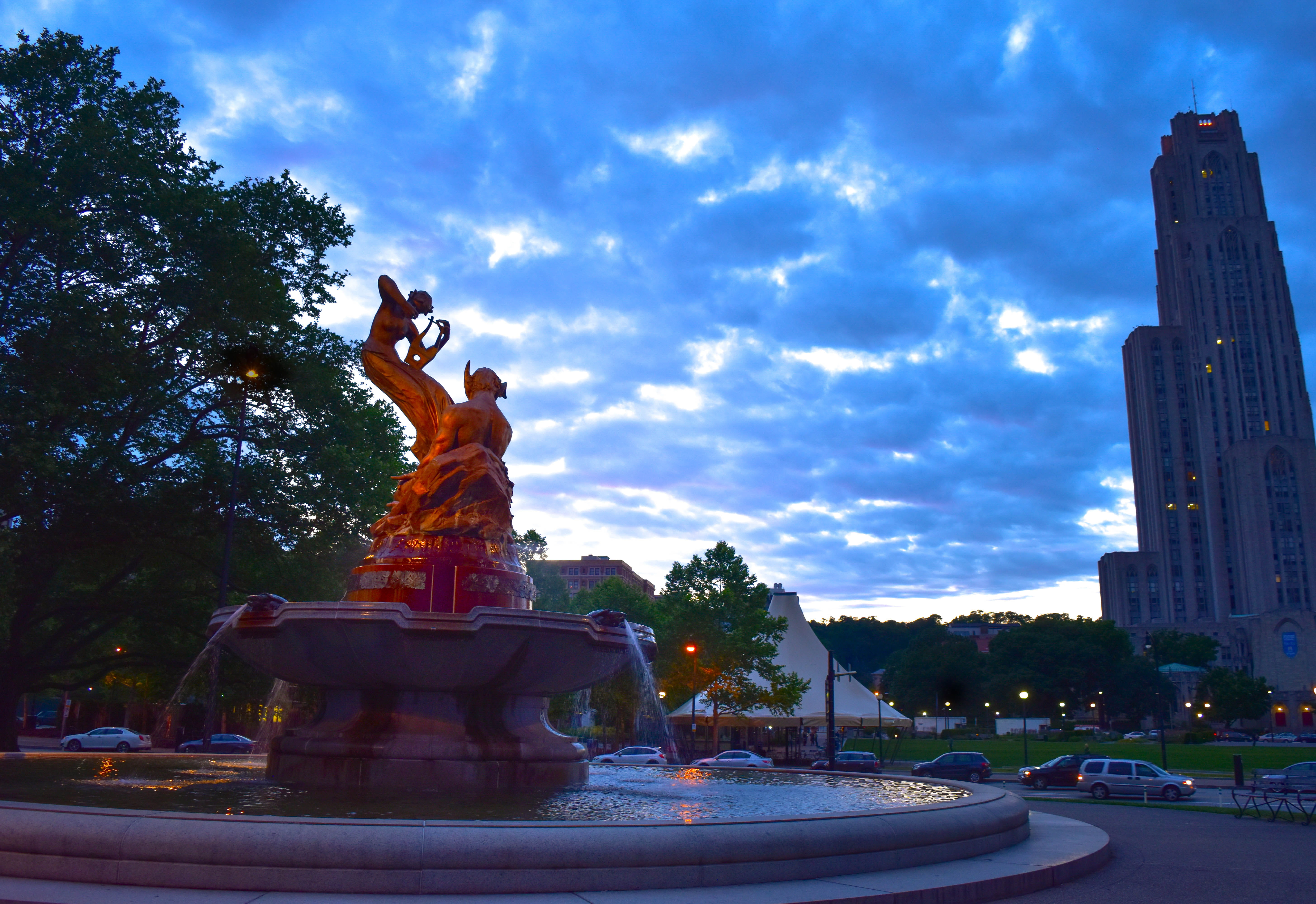 craft, building exterior, cloud - sky, nymph, fountain, travel destinations, art and craft, statue, university, cathedral of learning, human representation, HD Wallpaper