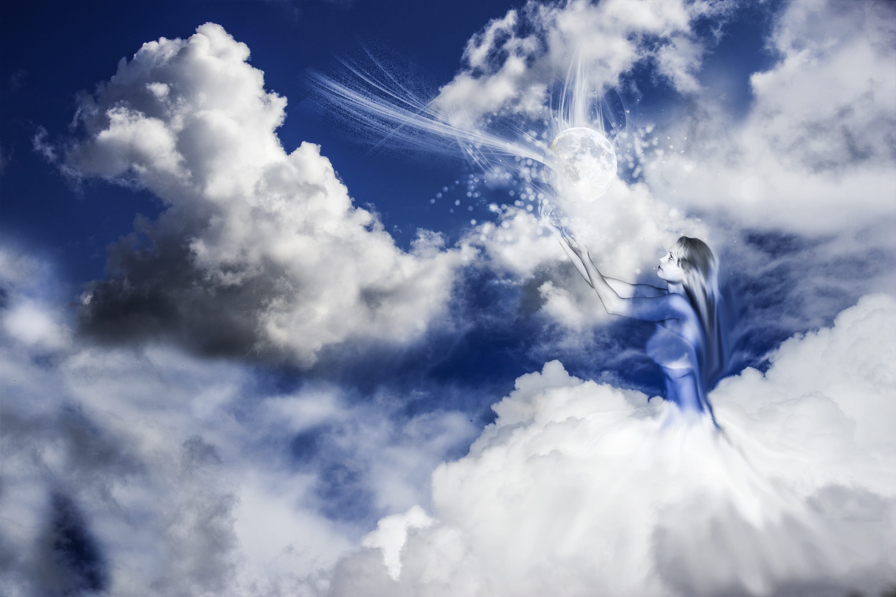 no people, moon, cloud - sky, goddess, sky, outdoors, desktop background, spirituality, environment, clouds, beauty in nature, animal, flying, fantasy, HD Wallpaper
