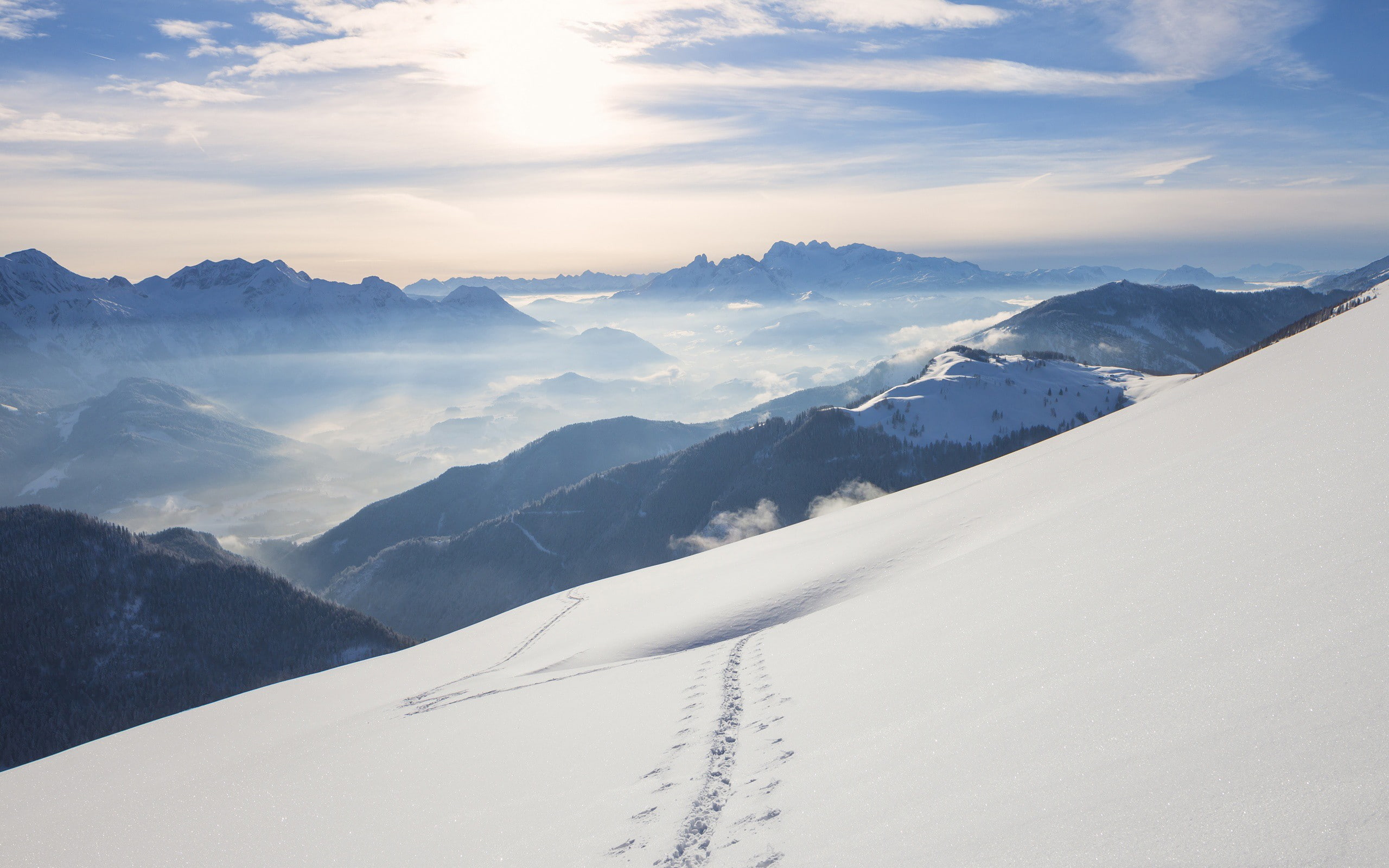 mountains, snow, clouds, far view, 2K, sky, mist, HD Wallpaper