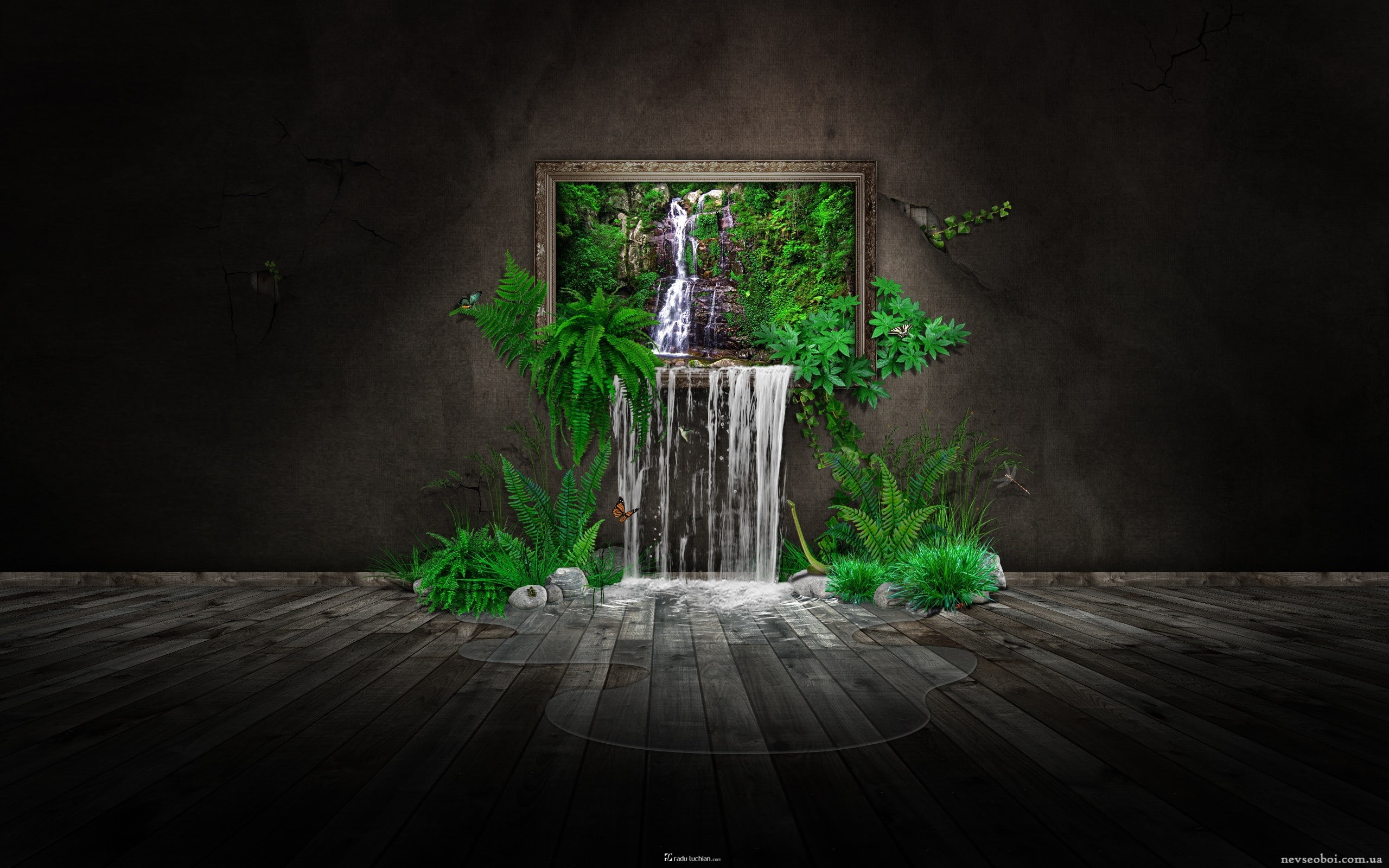 CGI, picture frames, green, digital art, landscape, 2K, HD Wallpaper