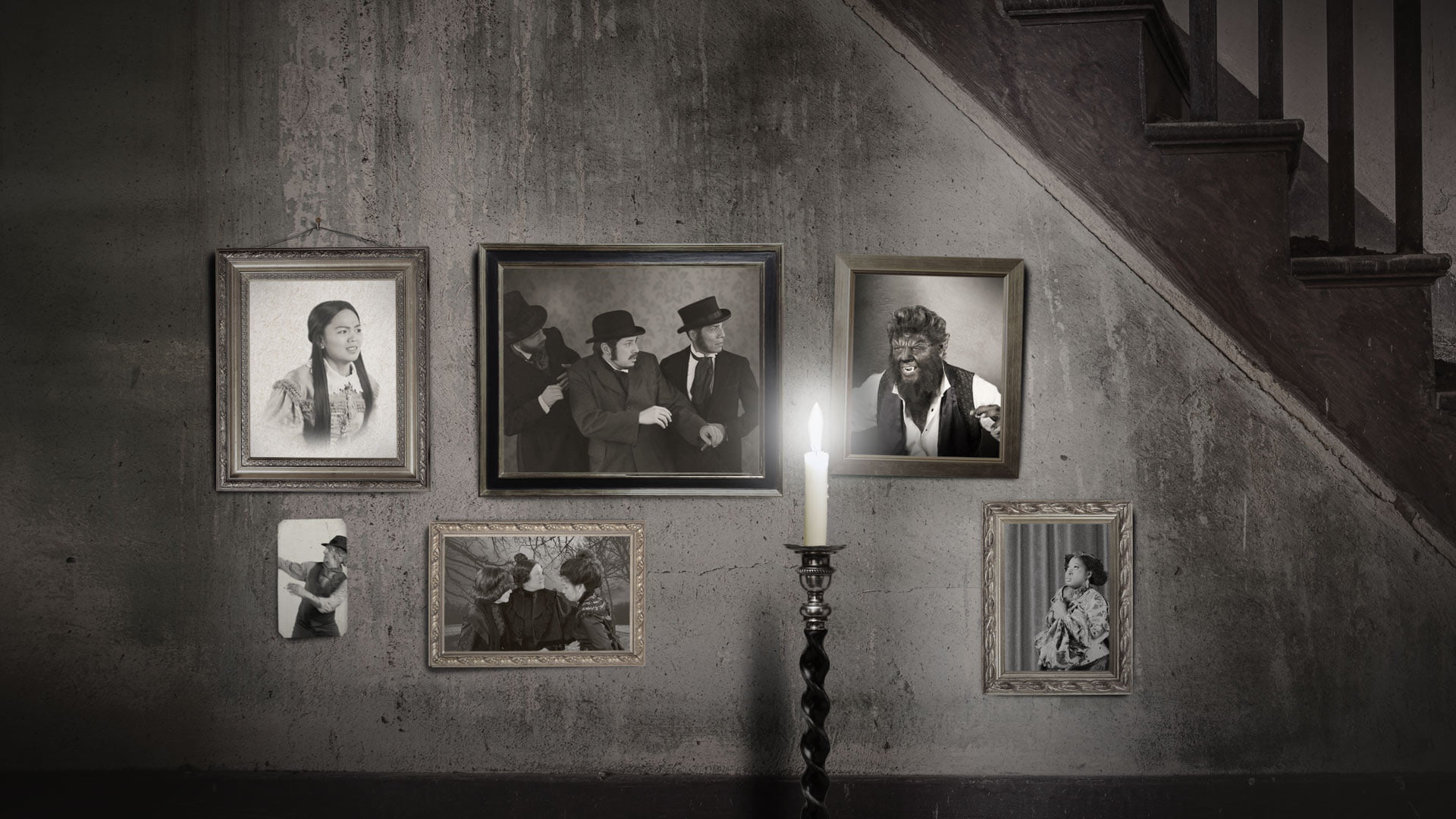 monochrome, picture frames, belief, built structure, frame, architecture, stairs, horror, paintings, photography, no people, illuminated, wall - building feature, HD Wallpaper