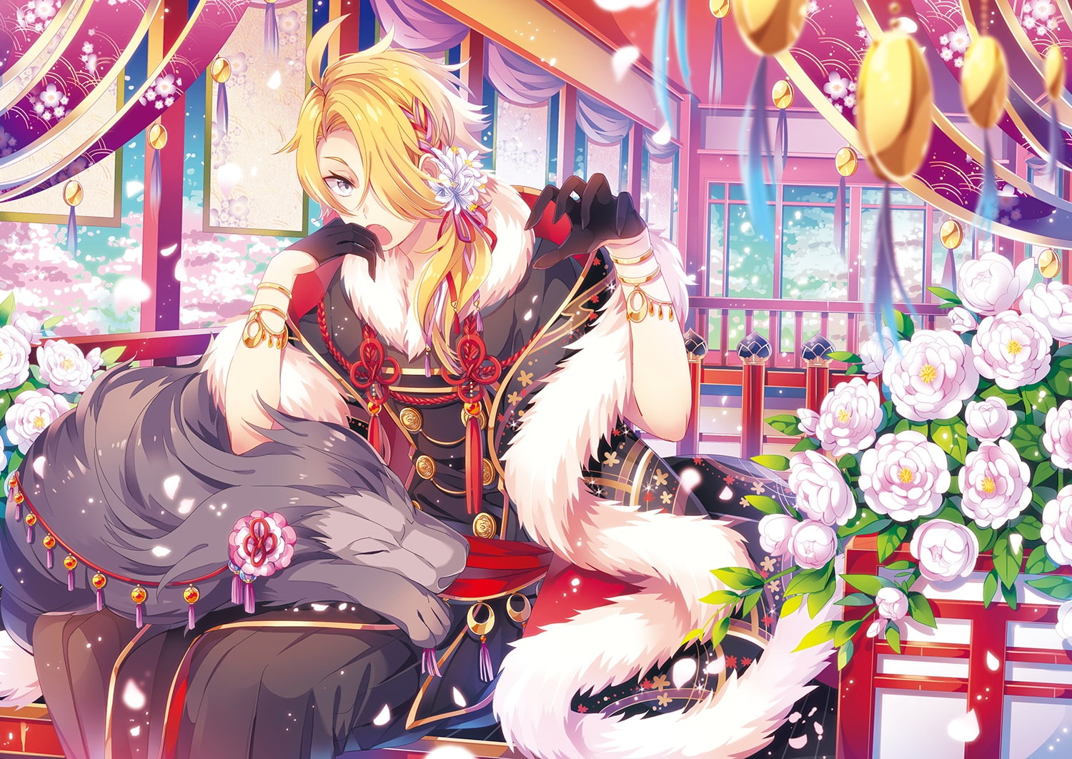 petals, 239597, cherry, gloves, (446964), touken, cape, male, blonde, short, com, shishiou, blossoms, kina, gray, ranbu, animal, flowers, eyes, hair, 720P, HD Wallpaper