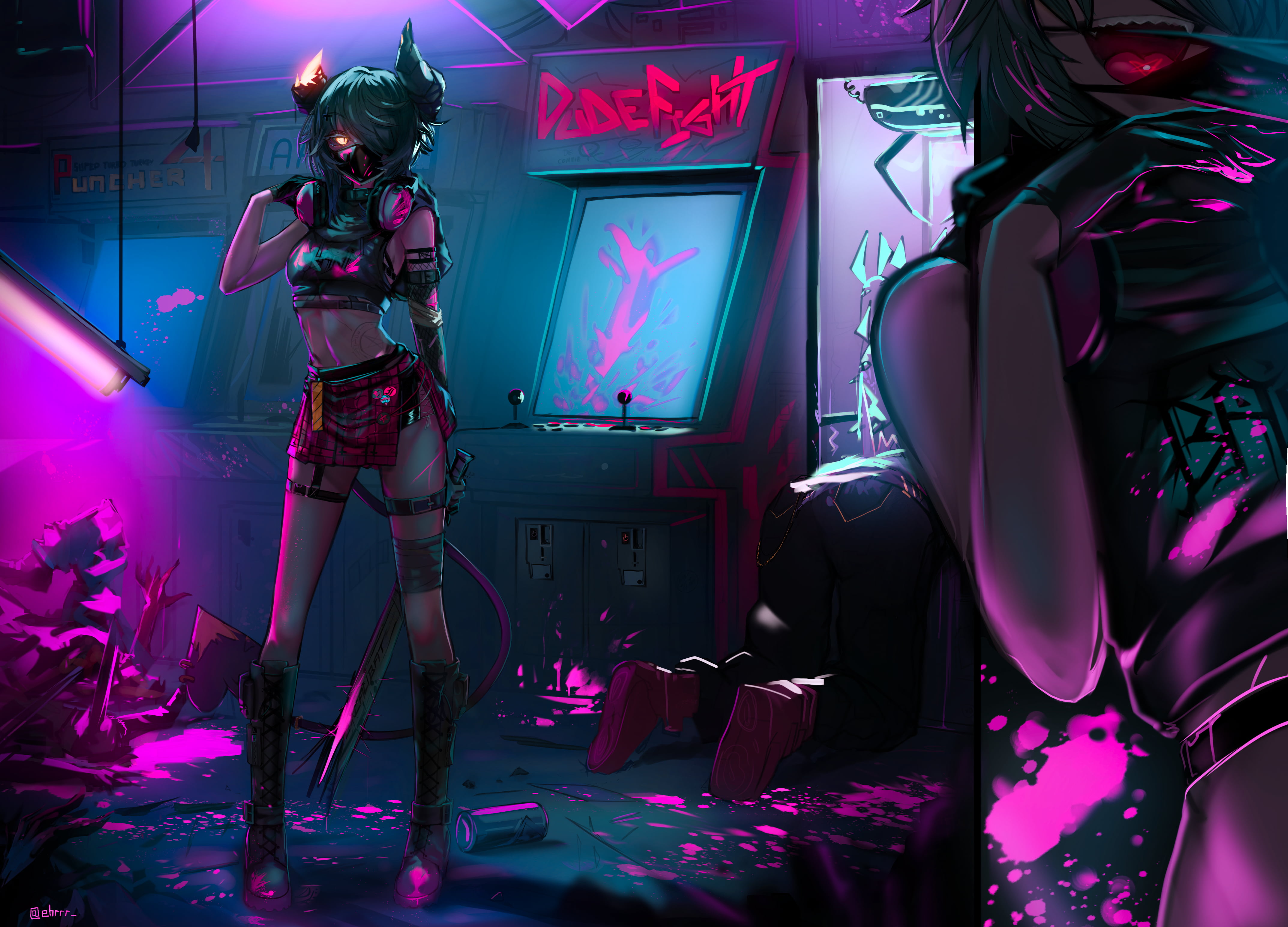 short skirt, 4K, gloves, red eyes, open mouth, baseball bat, blood, zombies, mask, anime girls, ankle boots, anime, demon horns, short hair, headphones, HD Wallpaper