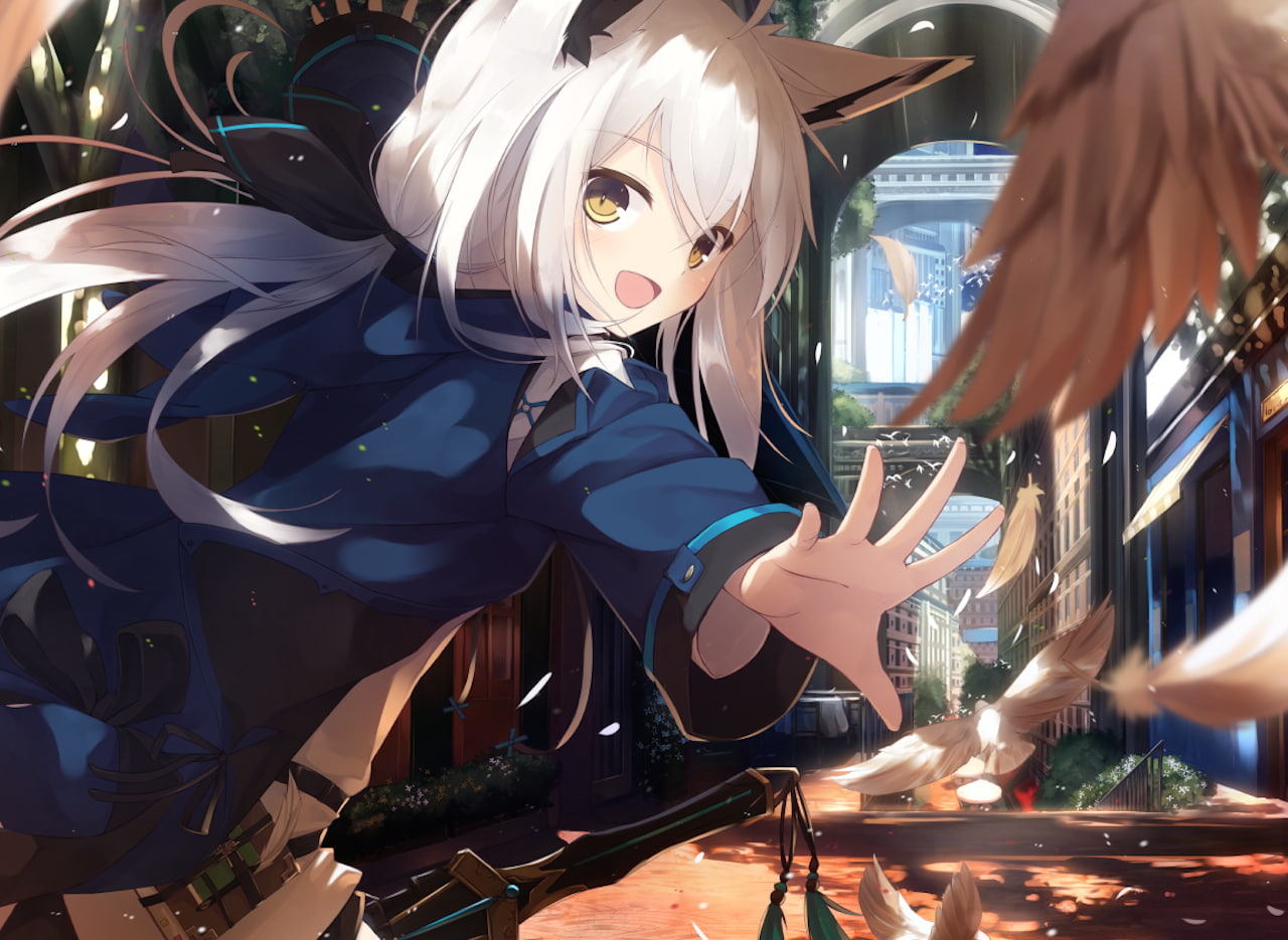 animal ears, birds, building, petals, weapon, city, blushing, animals, anime girls, white hair, 720P, sword, long hair, books, feathers, yellow eyes, HD Wallpaper