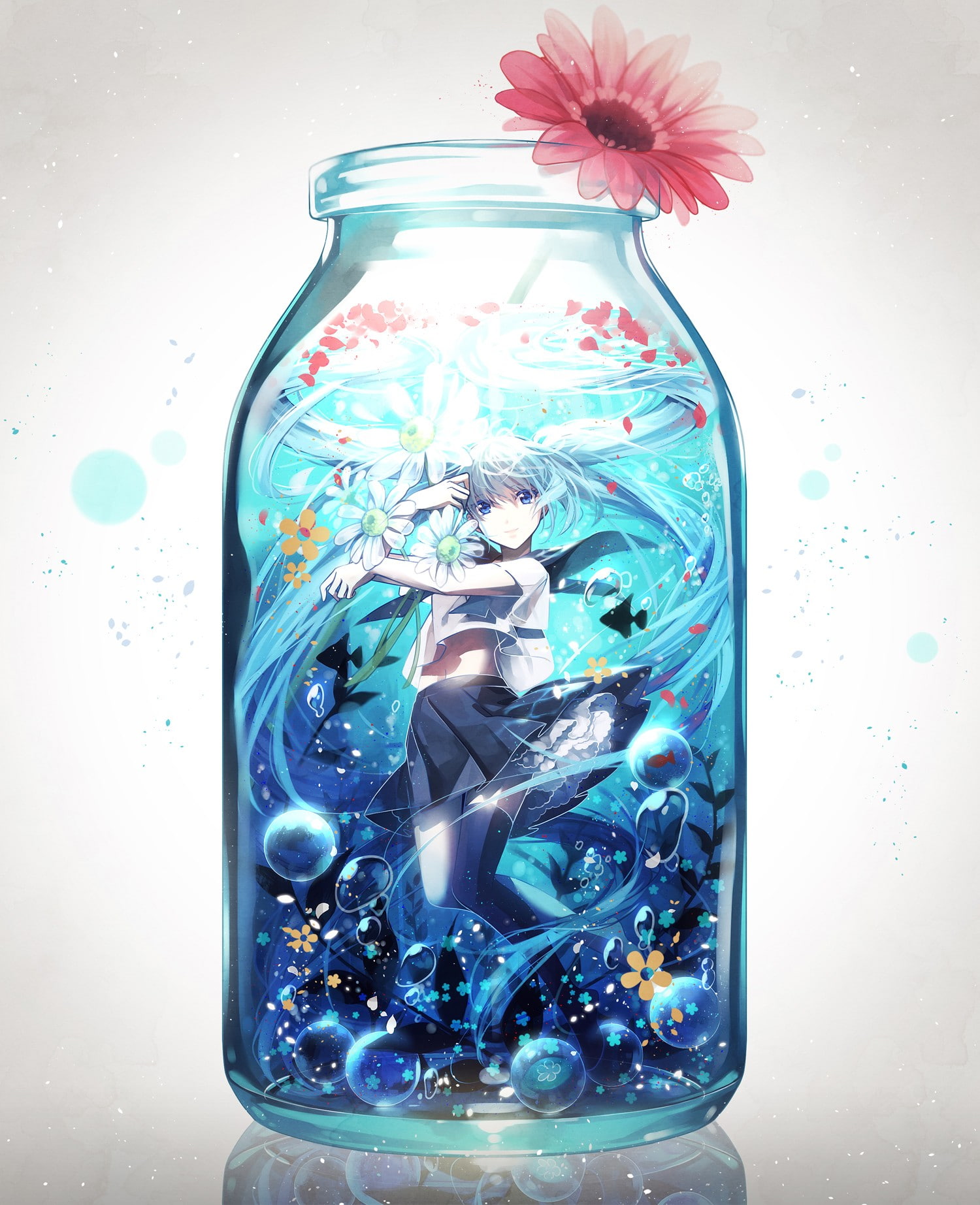 jar, science, Vocaloid, nature, blue, thigh-highs, long hair, flower petals, healthcare and medicine, twintails, flower, anime girls, gray, bubbles, water, Phone HD Wallpaper
