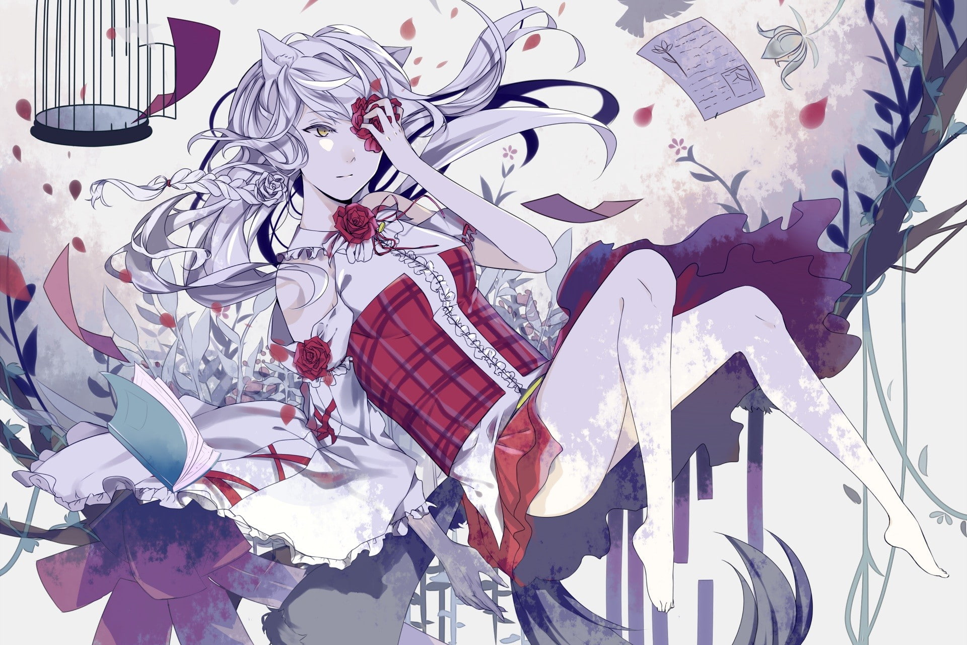 barefoot, animal ears, cages, books, polychrome, rose, braids, long hair, 1080P, flowers, gray hair, yellow eyes, HD Wallpaper