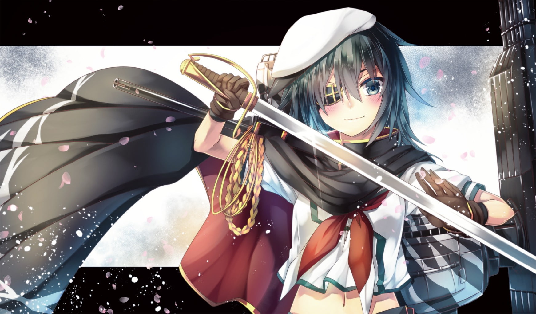 short hair, blushing, 720P, mask - disguise, lifestyles, weapon, eyepatches, looking at camera, school uniform, petals, real people, Kiso (KanColle), sword, HD Wallpaper