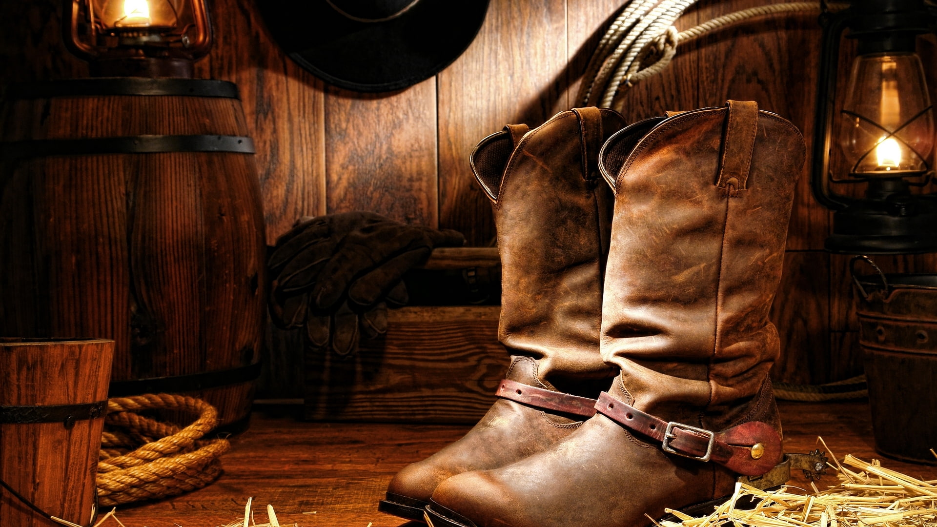 lamp, hat, 1080P, cord, cowboy boots, wood, gloves, HD Wallpaper