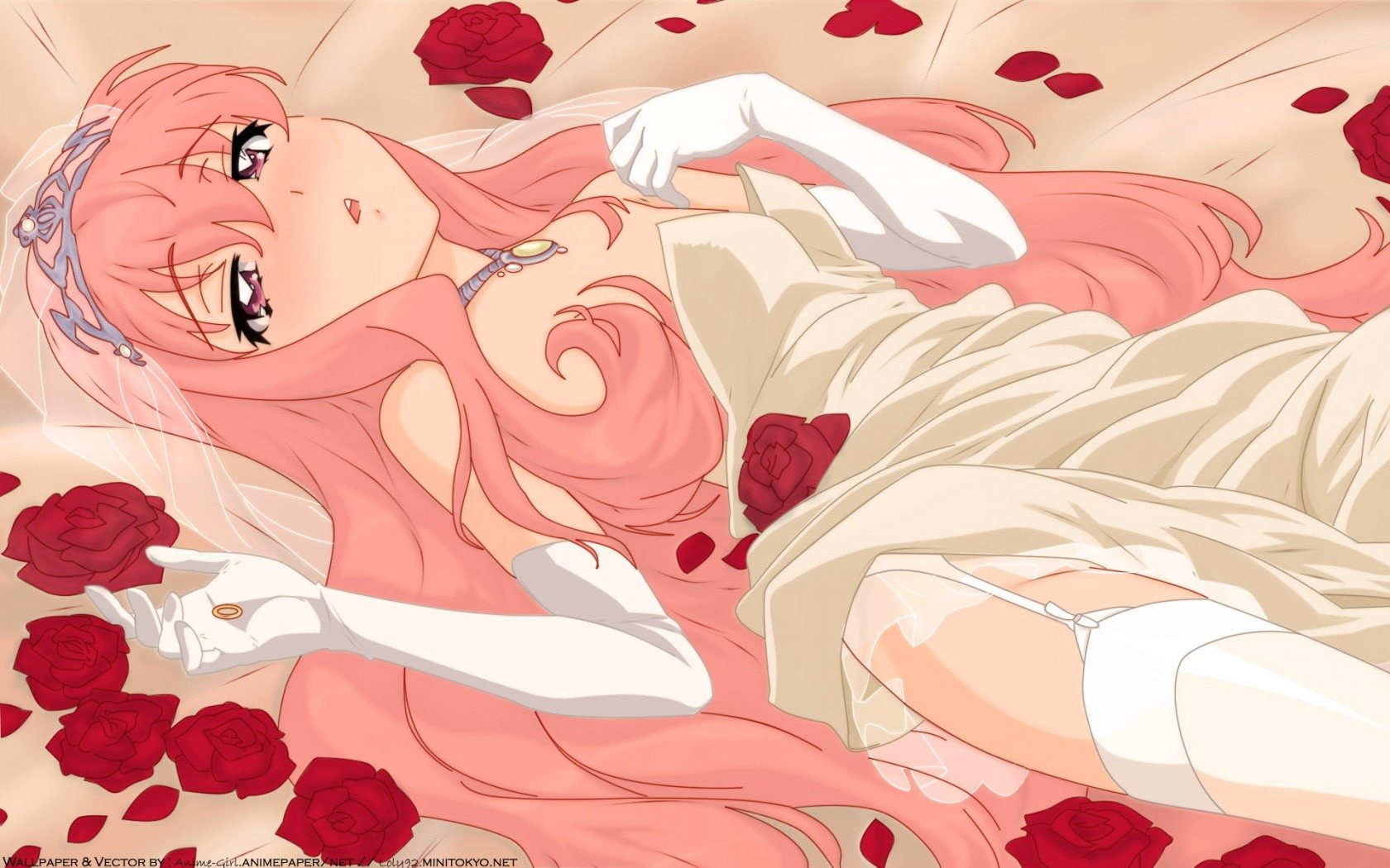 Girl, Blush, Dress, Necklace, Veil, Pink Hair, White Dress, Lying Down, Louise Françoise Le Blanc de La Vallière, Flower, Rose, Headdress, Long Hair, Glove, HD Wallpaper