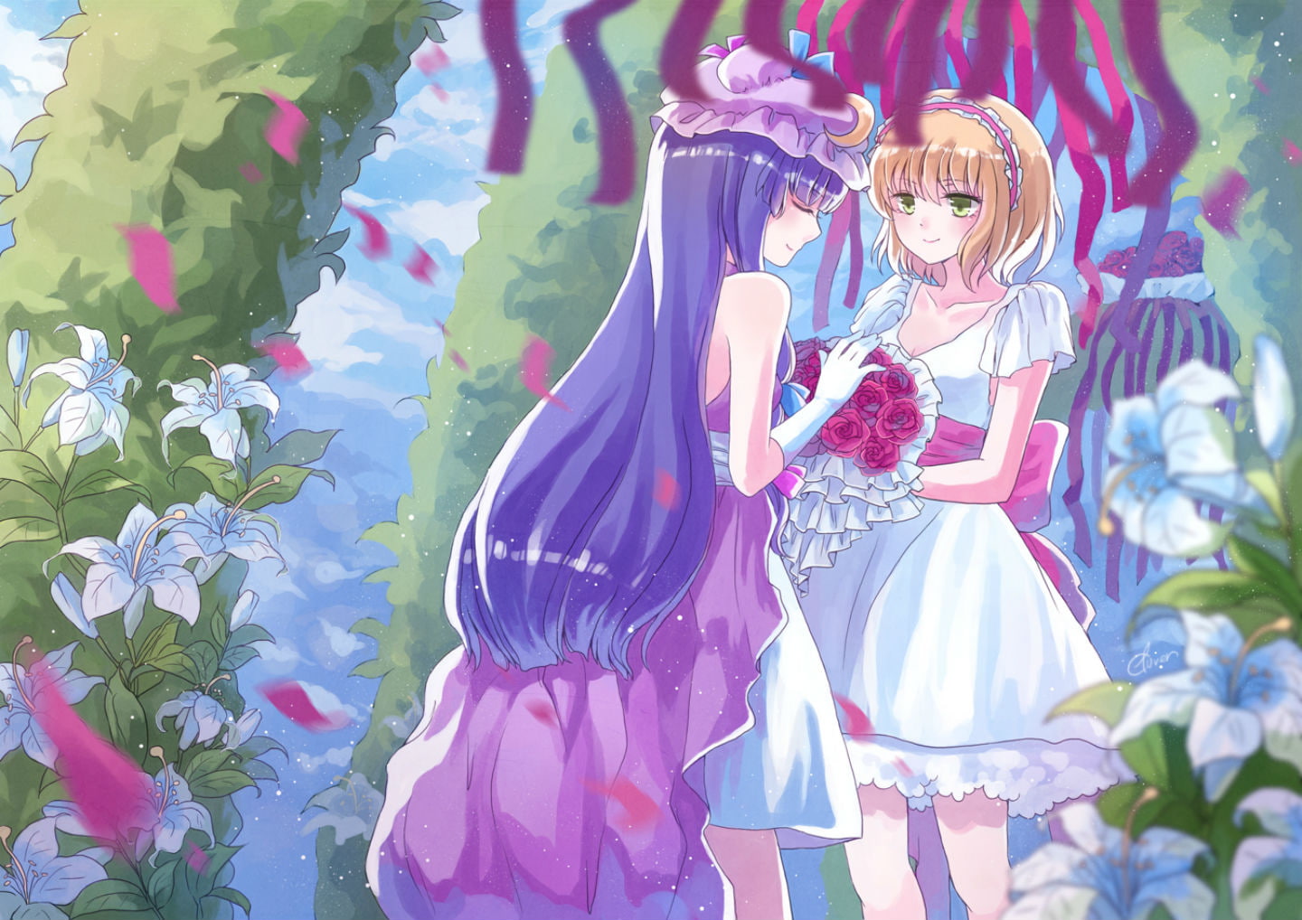dress, wedding, 720P, eyes, short, elbow, hair, rose, collar, green, touhou, long, purple, girls, headdress, blonde, gloves, luo, flowers, hat, HD Wallpaper
