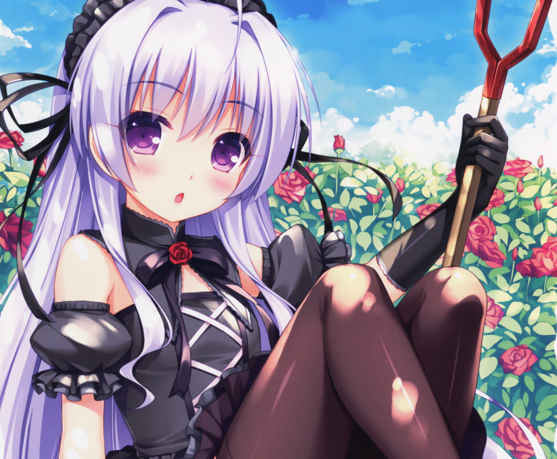 Long Hair, Shovel, bow (Clothing), 1080P, Original, Flower, Rose, Glove, Anime, Purple Eyes, White Hair, Blush, HD Wallpaper