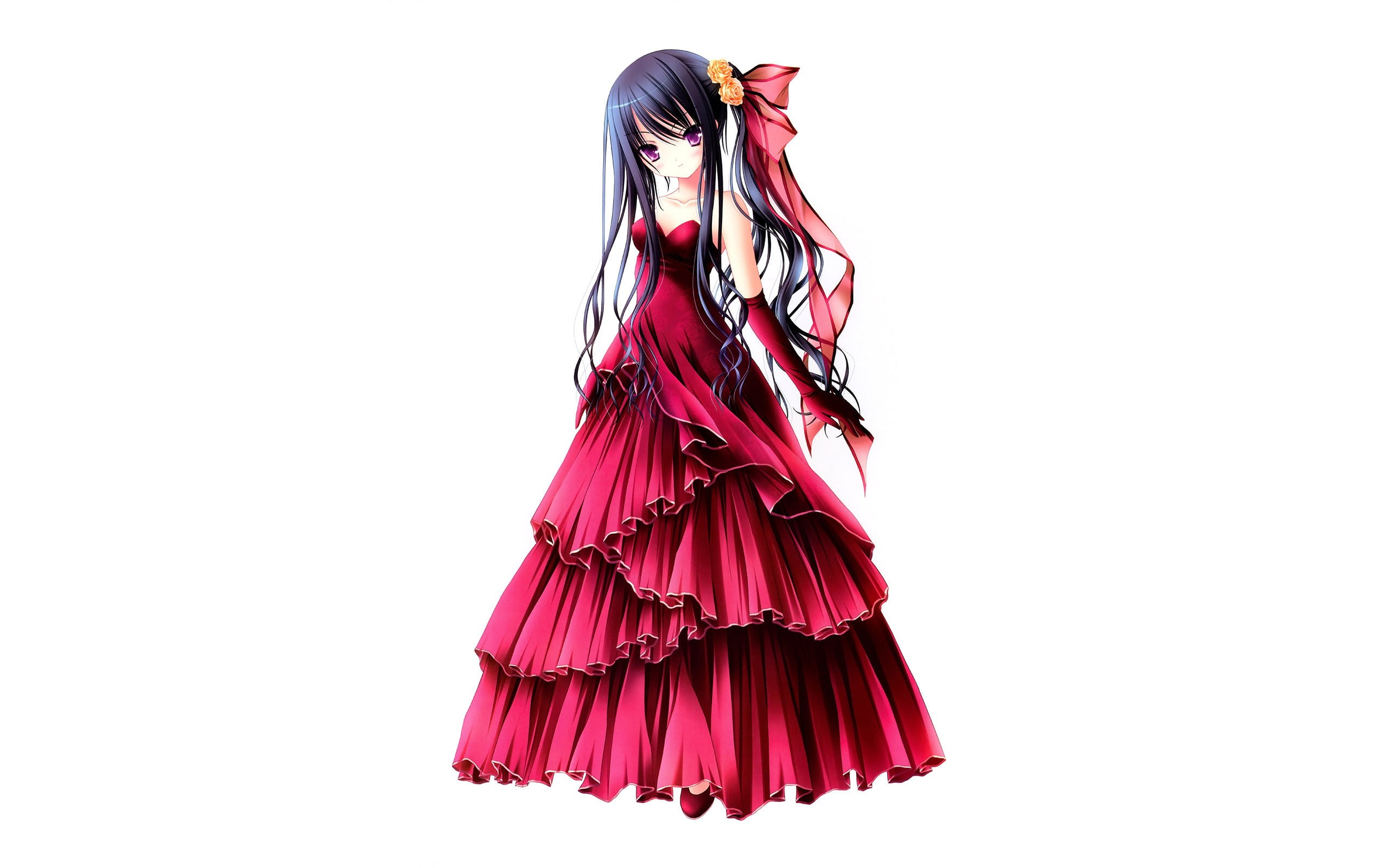 flowers, background, black, white, anime, eyes, roses, simple, hair, 2K, ribbons, artwork, gloves, blush, purple, long, dress, girls, HD Wallpaper