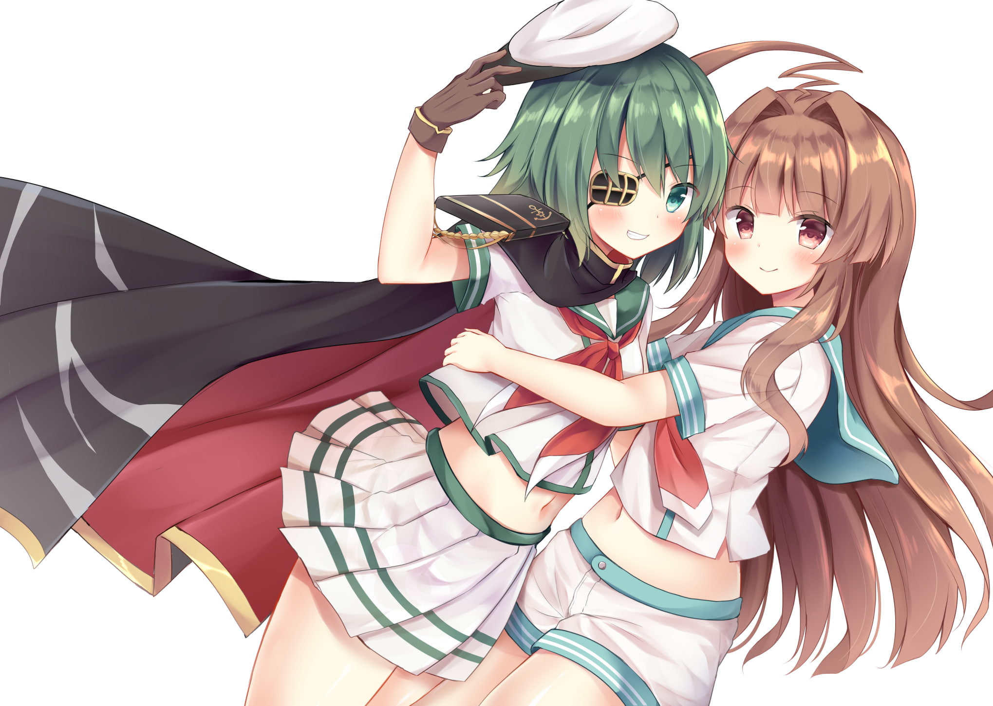 white, brown, green, eyepatch, seifuku, hair, short, com, 255401, gloves, cape, 1080P, konachan, blush, eyes, long, navel, 2girls, hat, skirt, shorts, HD Wallpaper