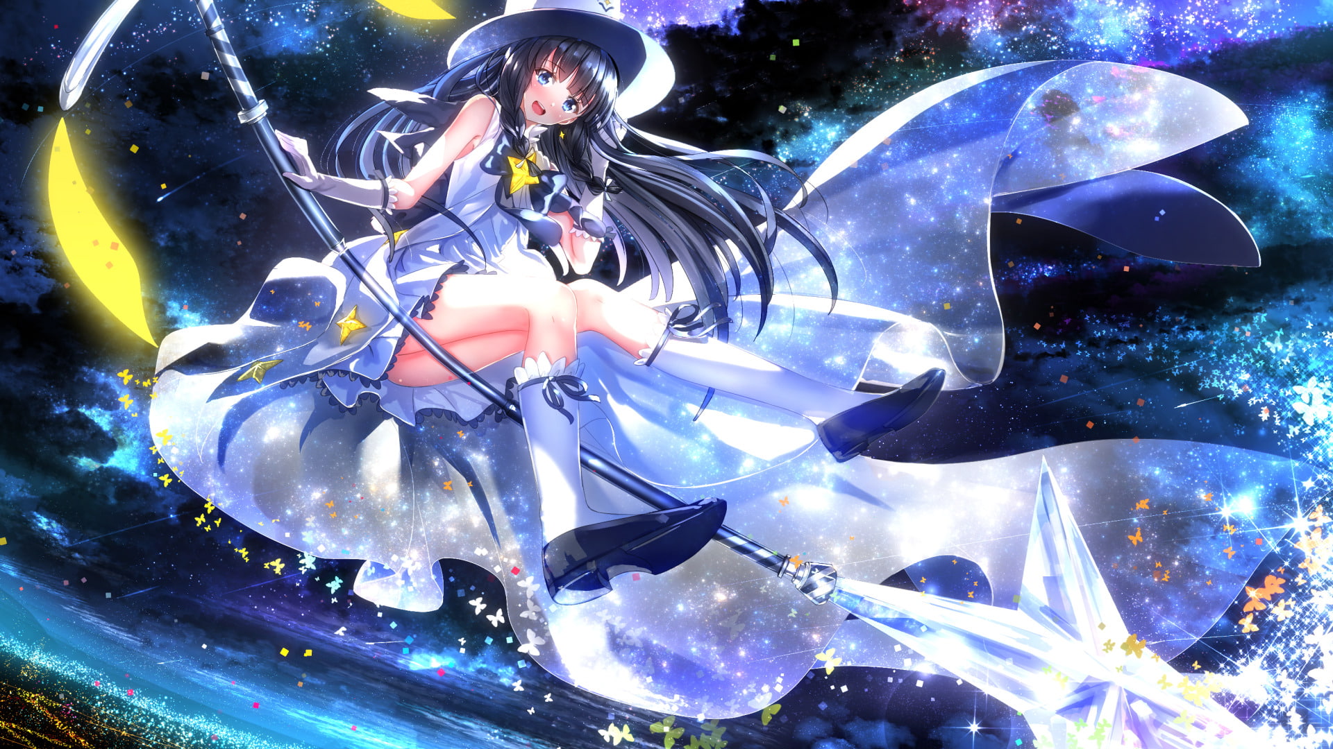swordsouls blue eyes long hair anime anime girls houkago no pleiades itsuki houkago no pleiades black hair blushing dress elbow gloves hat, 1080P, HD Wallpaper