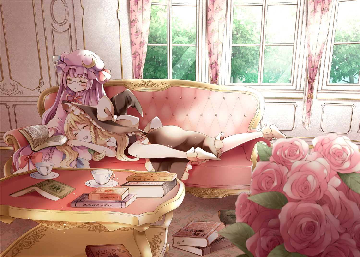 ayuco, tree, hair, dress, ayuko, book, touhou, ribbons, kirisame, hat, blush, 720P, purple, rose, sleeping, blonde, marisa, glasses, flowers, long, girls, HD Wallpaper
