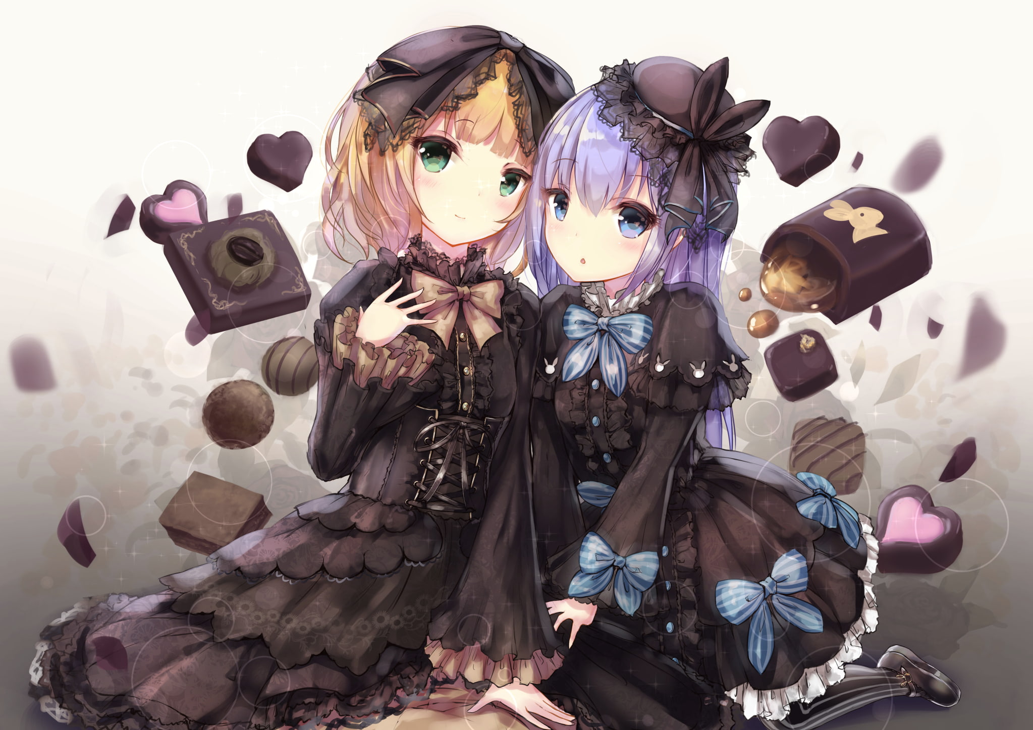 2girls, konachan, green, flowers, 1080P, blush, aqua, petals, loli, apple228, eyes, hair, 260607, hat, rose, blonde, long, short, kafuu, dress, goth-loli, HD Wallpaper