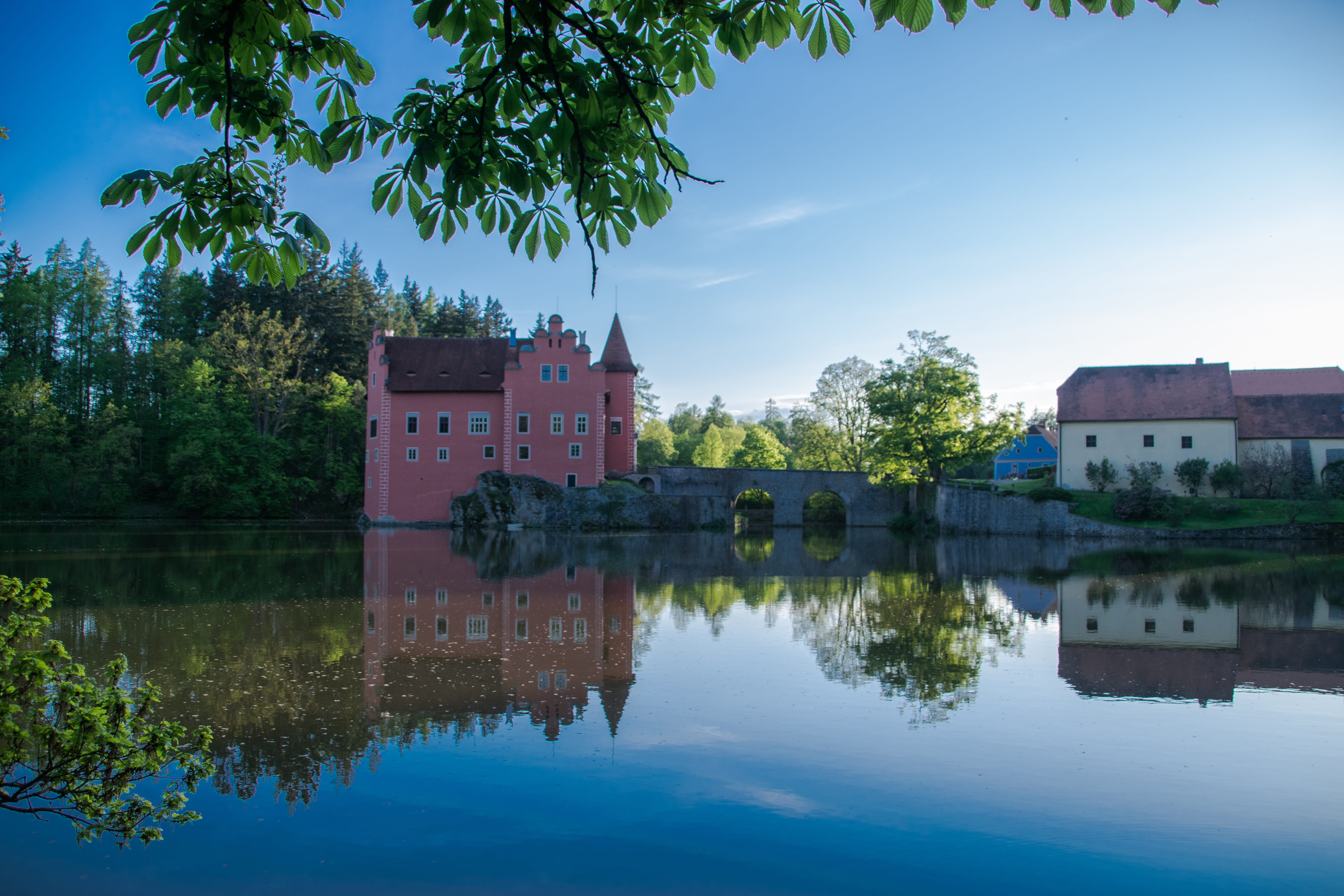 south bohemia, tree, červená lhota, architecture, building, castle, water, sights, plant, building exterior, waterfront, reflection, sunset, no people, HD Wallpaper