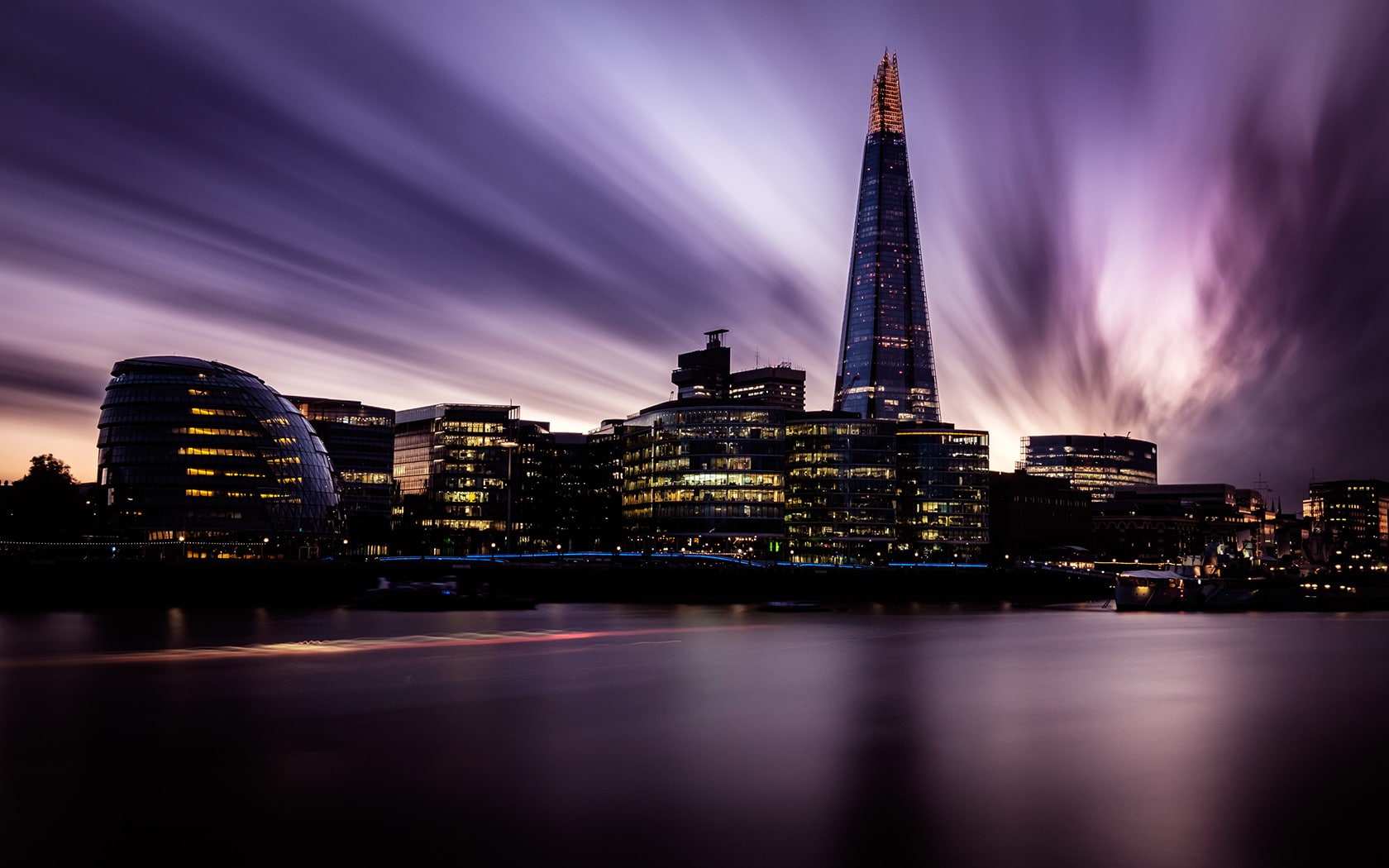 violet, night, long exposure, 720P, city lights, water, cityscape, city, clouds, evening, river, HD Wallpaper