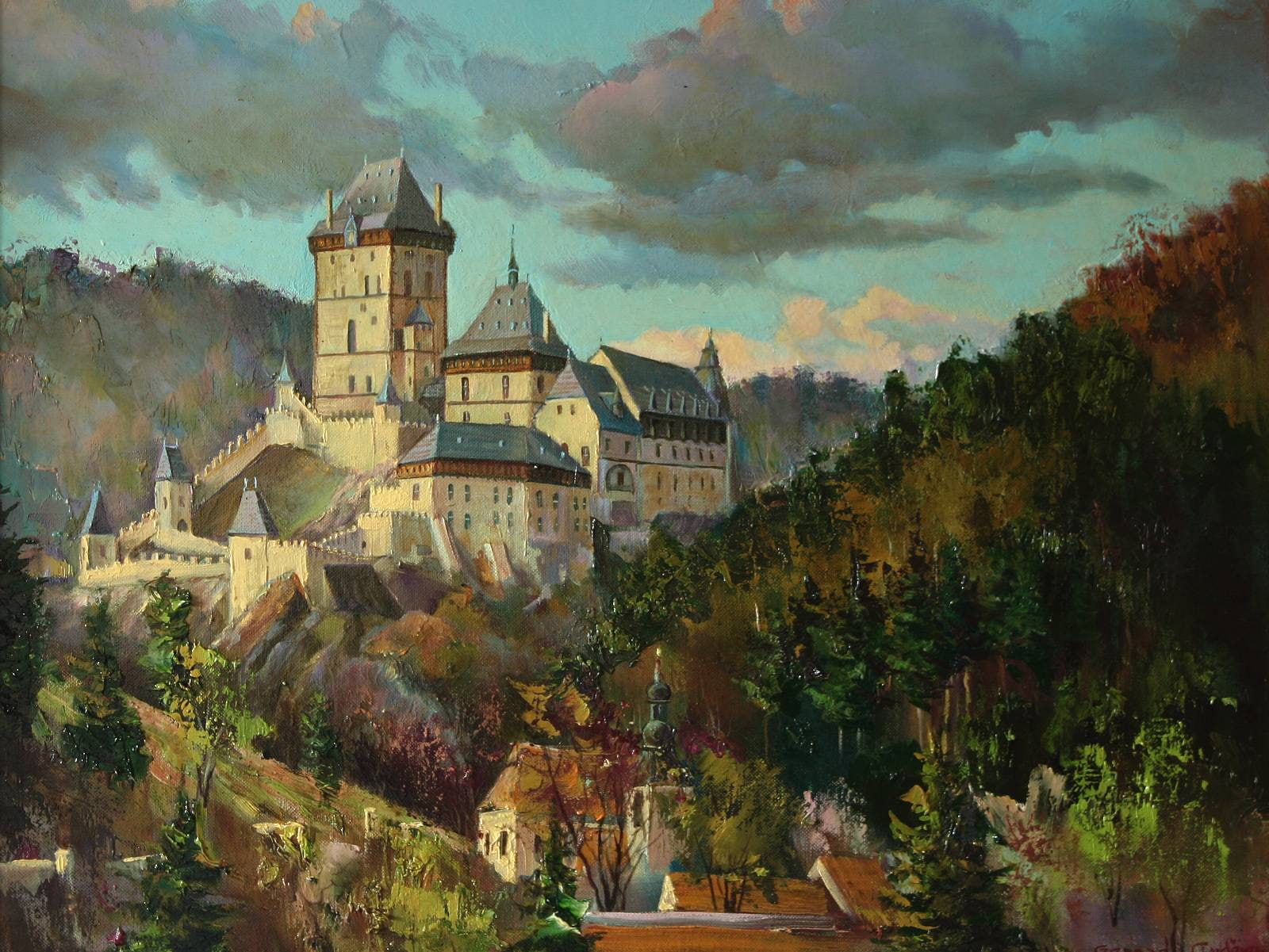 Gennadij Avdejev, hill, clouds, Czech Republic, forest, nature, artwork, castle, painting, landscape, trees, oil painting, 720P, house, Karlštejn, church, HD Wallpaper
