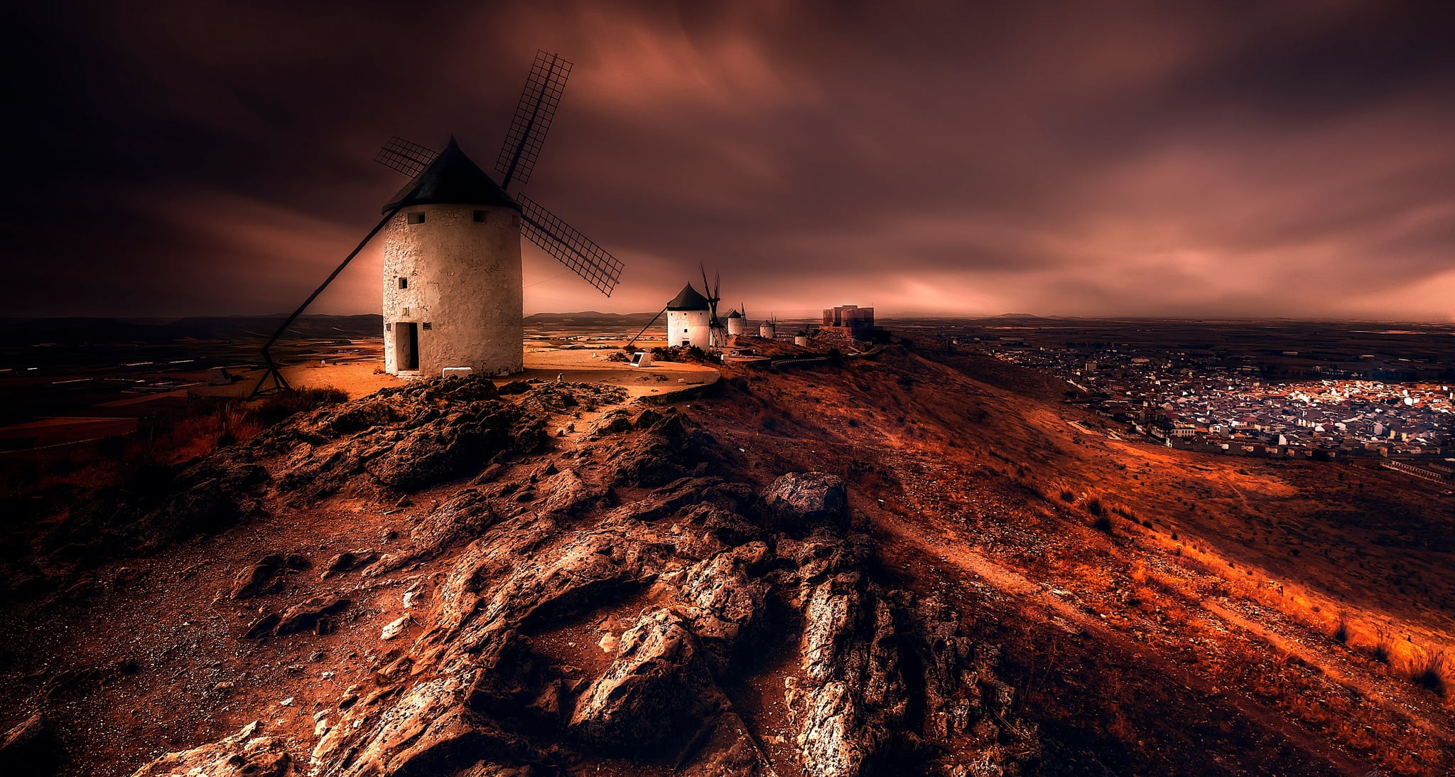 Night, Landscape, Windmill, Spain, Castilla la Mancha, Buildings, 1080P, HD Wallpaper