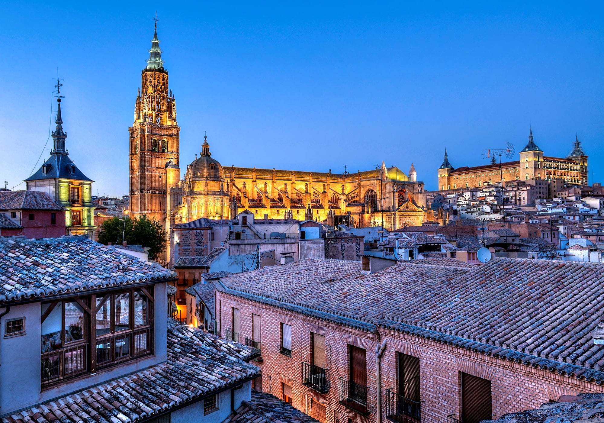 history, Alcazar, place of worship, architecture, Castile-La Mancha, no people, outdoors, illuminated, clear sky, built structure, Alcazar of Toledo, travel, HD Wallpaper