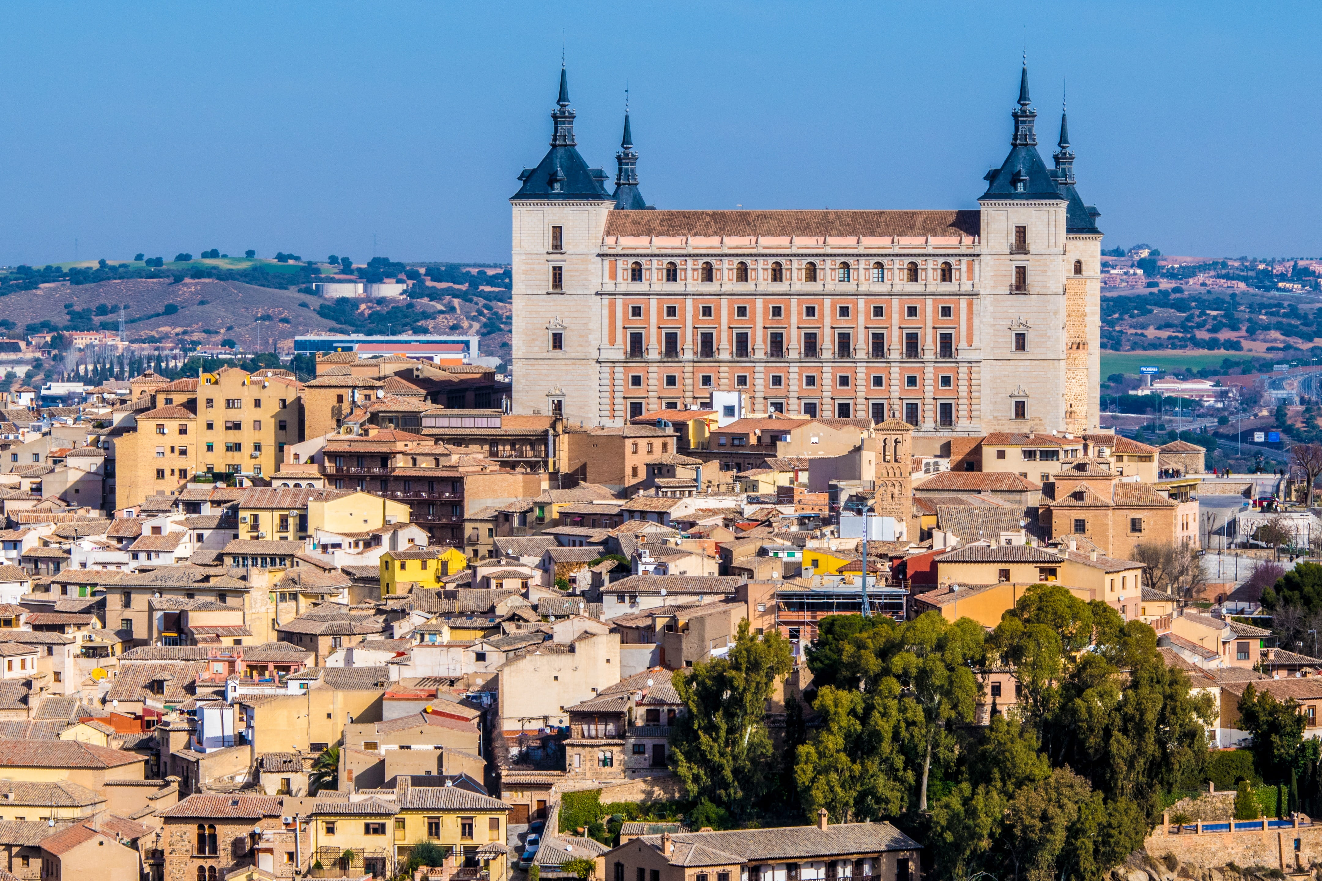 building exterior, city, built structure, building, sky, high angle view, tree, place of worship, 4K, crowd, day, cityscape, toledo, travel destinations, HD Wallpaper